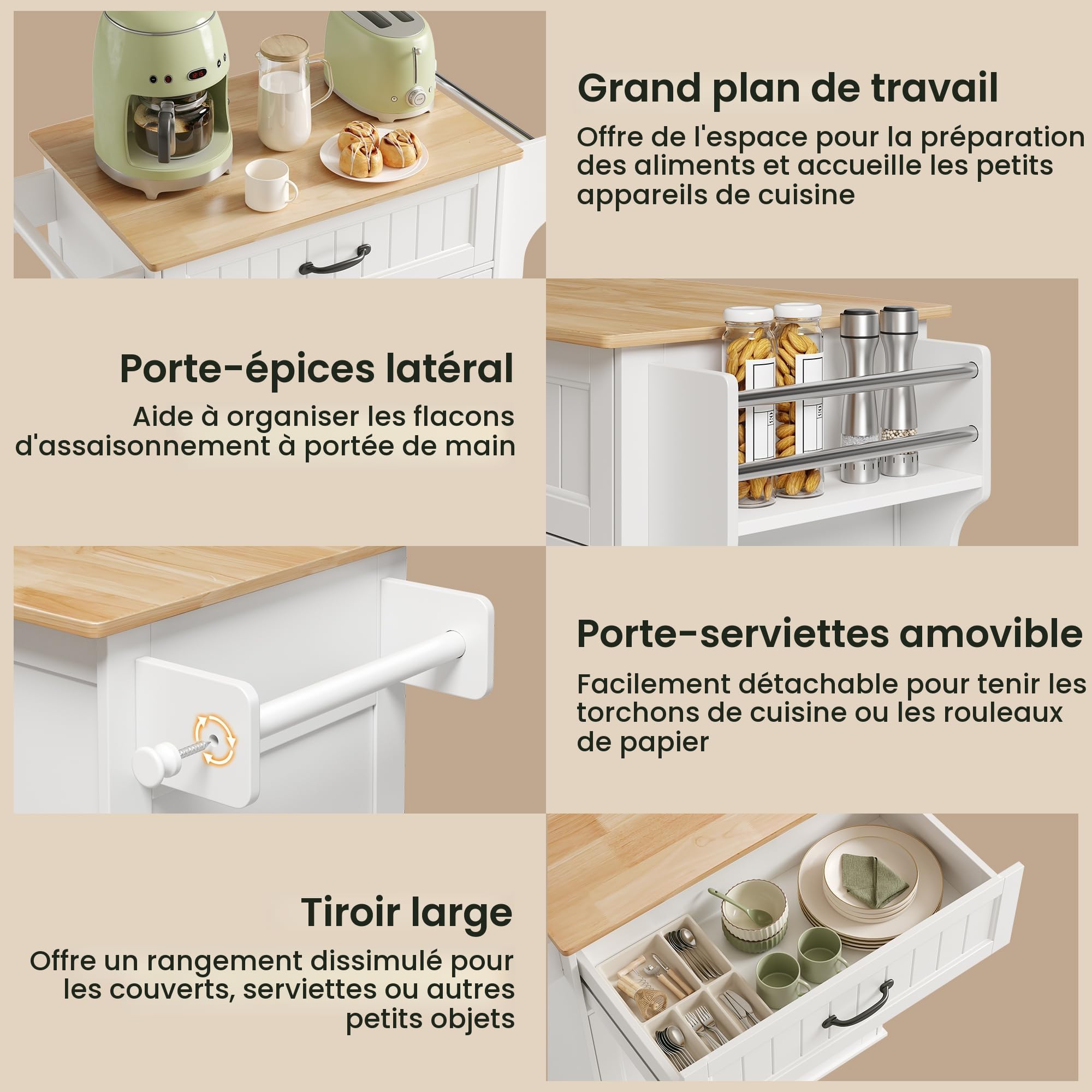 Bealife Desserte à Rouletttes Cuisine, Îlot Central Cuisine avec 1 Tiroir, Etagère Réglable, Porte Serviette, pour Salle à Manger, Salon, 84 × 45 × 85 cm, Blanc