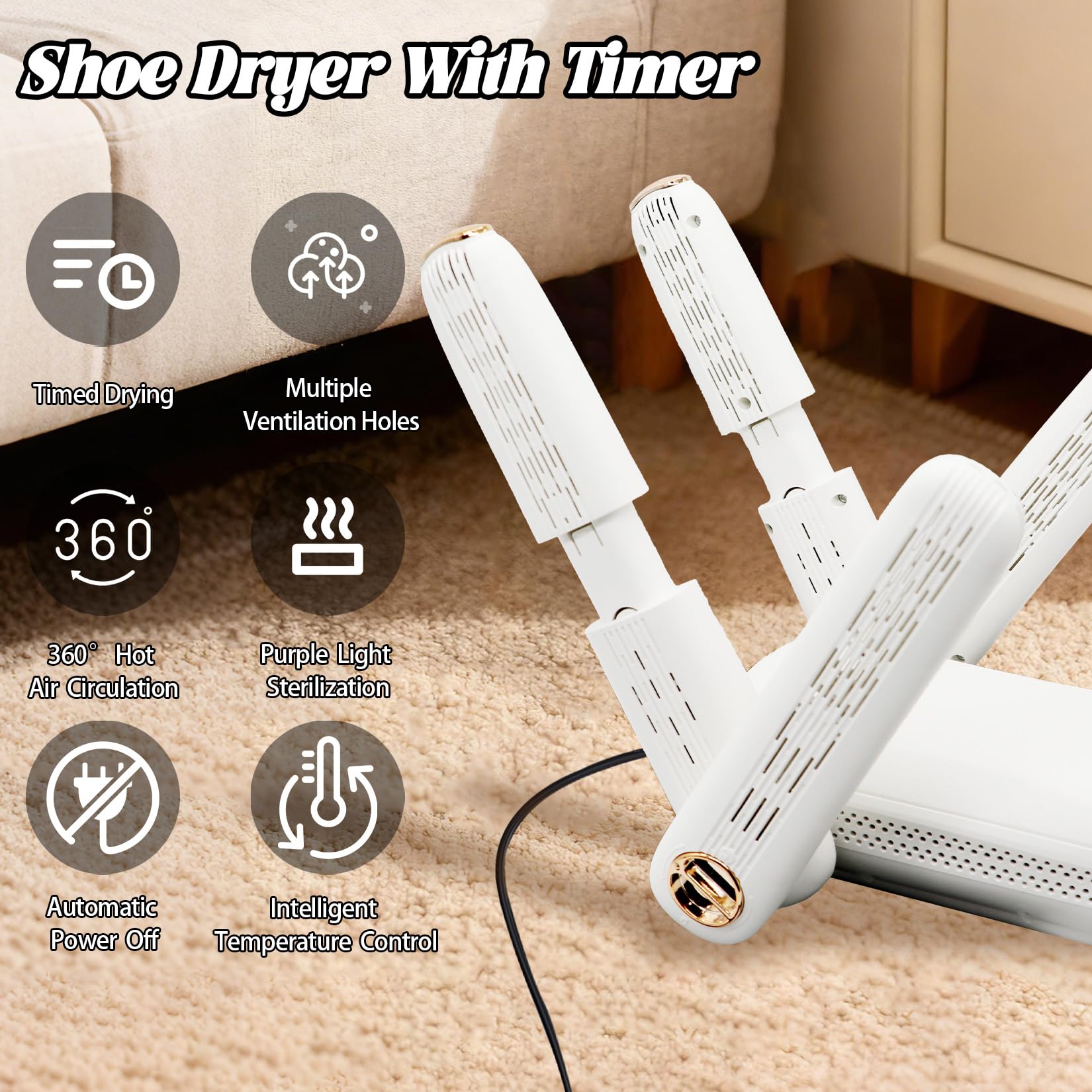 Herbst Secador de zapatos eléctrico con 4 soportes, temporizador ajustable