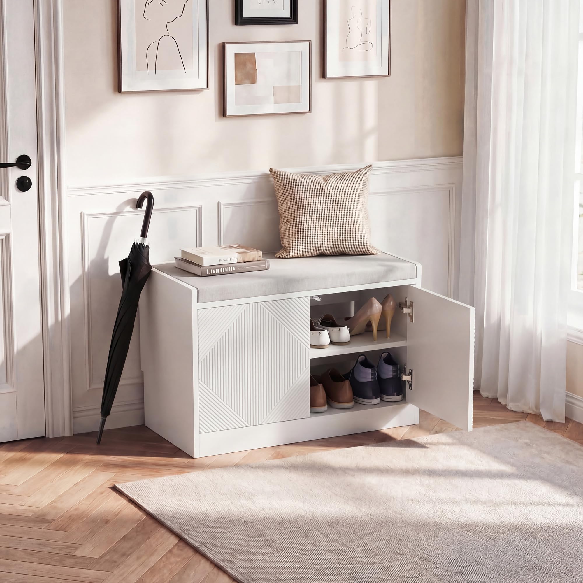 UEV Sitzbank mit Klappe, Sitzhocker mit Stauraum,Sitztruhe mit Sitzkissen,Schuhregal Schuhablage Schuhschrank für Wohnzimmer Schlafzimmer Flur (Weiß)