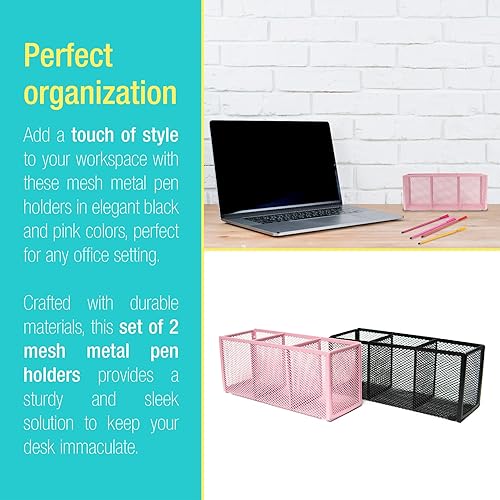 Miniatura 7 de Jolly Desk Duo Pack - Portalápices metálicos de malla con 3 compartimentos en negro y rosa organización para tu escritorio y oficina