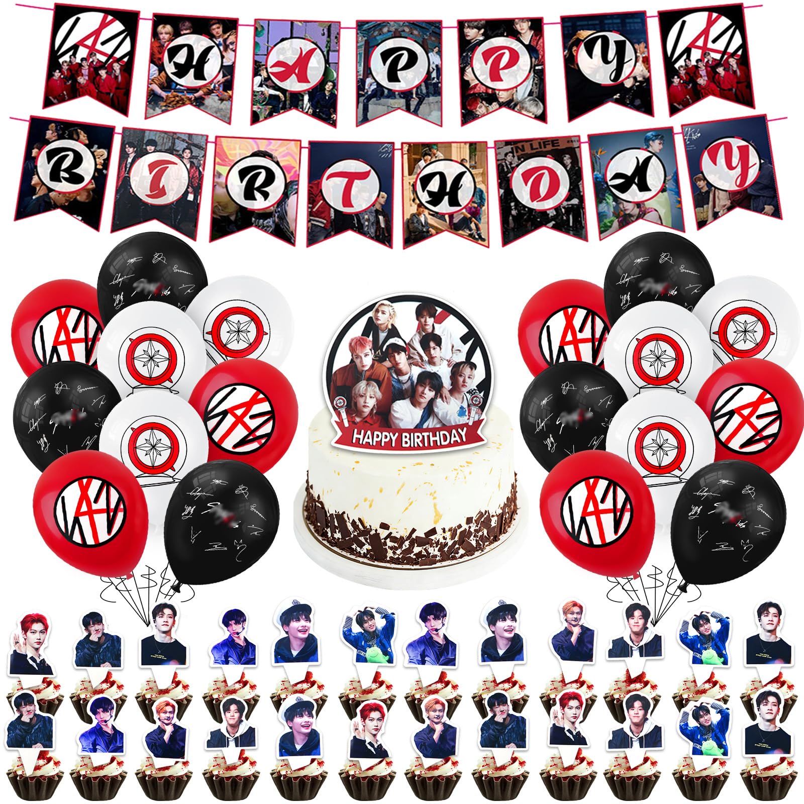 44PCS St-ray Kids Birthday Decorations, SKZ Party Decorations With Banner Balloons Cake Topper Cupcake Toppers, Kpop Theme Party Supplies for Fans