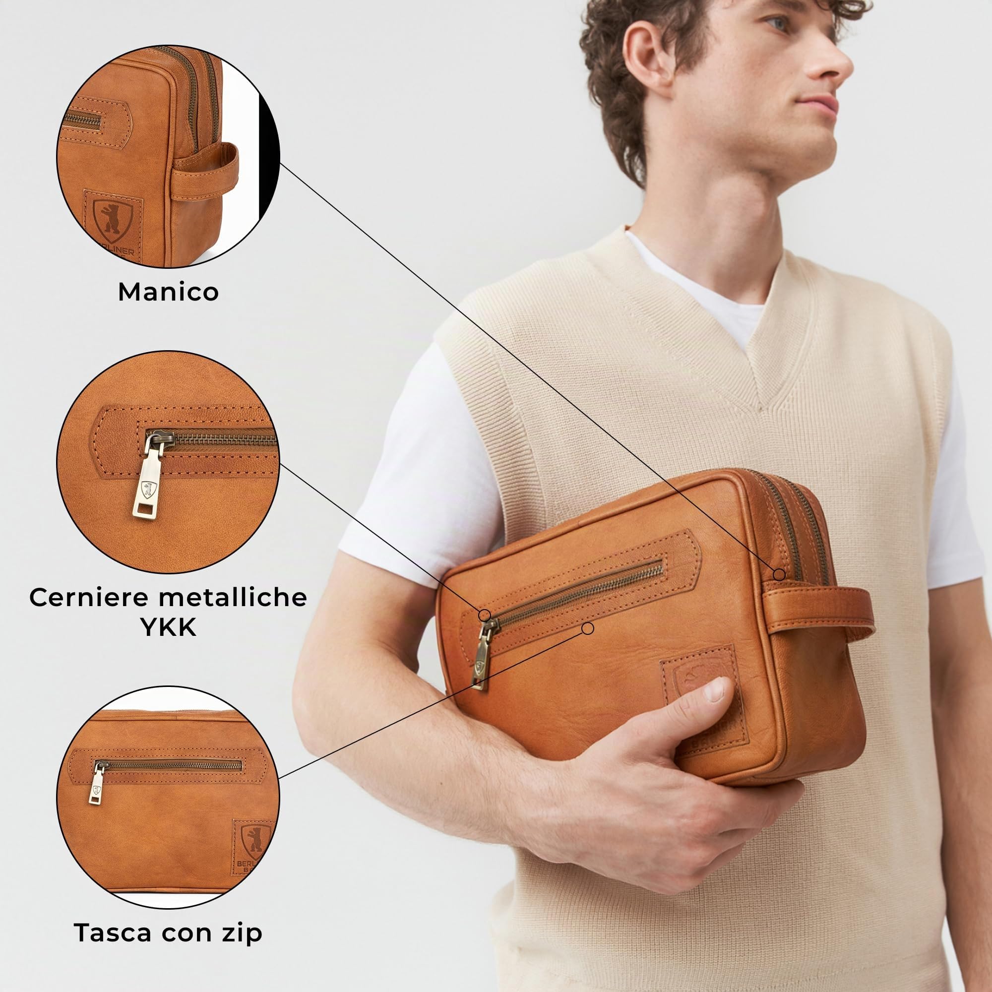 Berliner Bags Borsa da Toilette Paul in Pelle Trucco Cosmetico Donna Uomini Viaggio Marrone Vintage