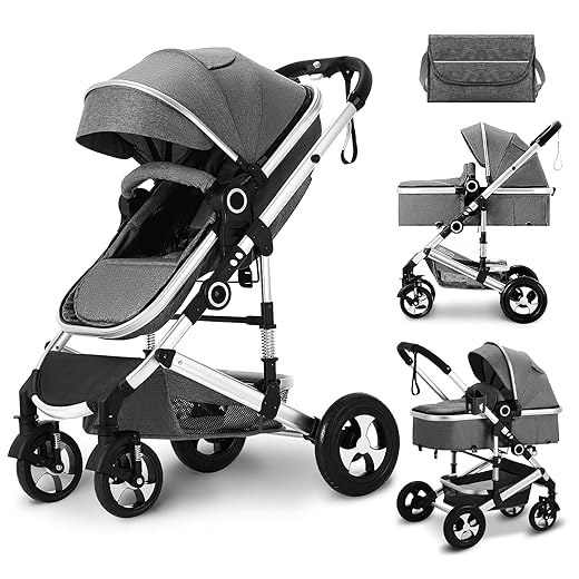 Kinder King 2 in 1 Convertible Baby Stroller, Folding High Landscape Infant Carriage, Newborn Reversible Bassinet Pram, Adjustable Canopy, Diaper Bag, Anti-Shock Toddler Pushchair Dark Grey