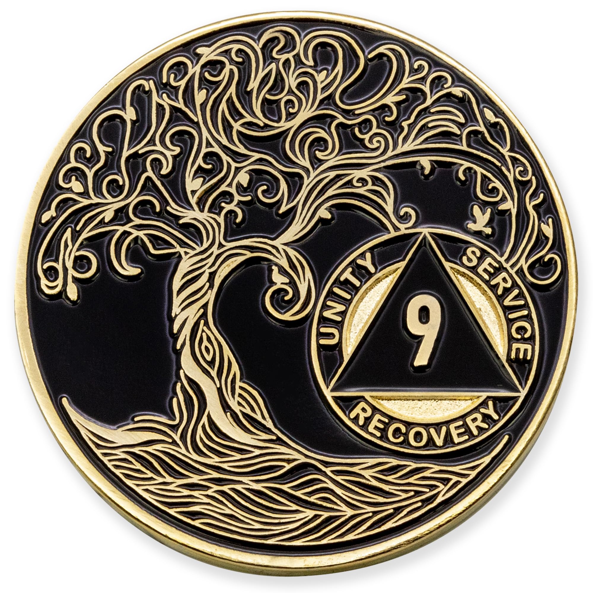 1 to 50 Year Twisted Tree of Life Sobriety Coin - Gold Plated AA Chips &amp; Medallions - 9 Year Sobriety Coin - Black