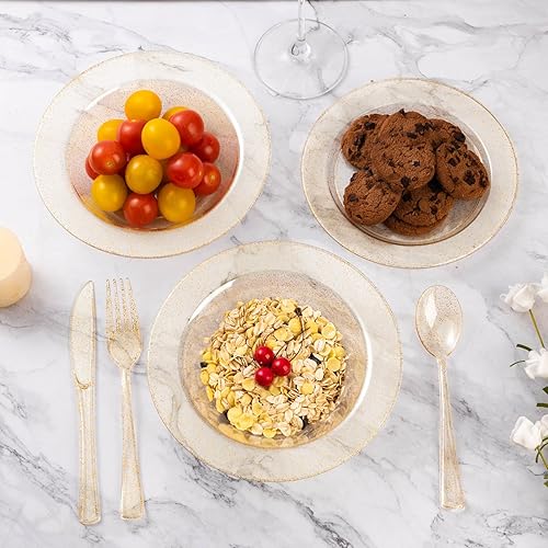 Miniatura 9 de Goodluck Paquete de 50 cuencos de plástico con borde plateado, cuencos de sopa desechables de 12 onzas, cuencos de postre resistentes para bodas,