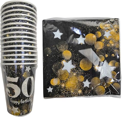 Miniatura 3 de Sirve 30 paquetes completos de fiesta de feliz cumpleaños 50 de 9 pulgadas, platos de papel de postre de 7 pulgadas, tazas de 12 onzas, servilletas