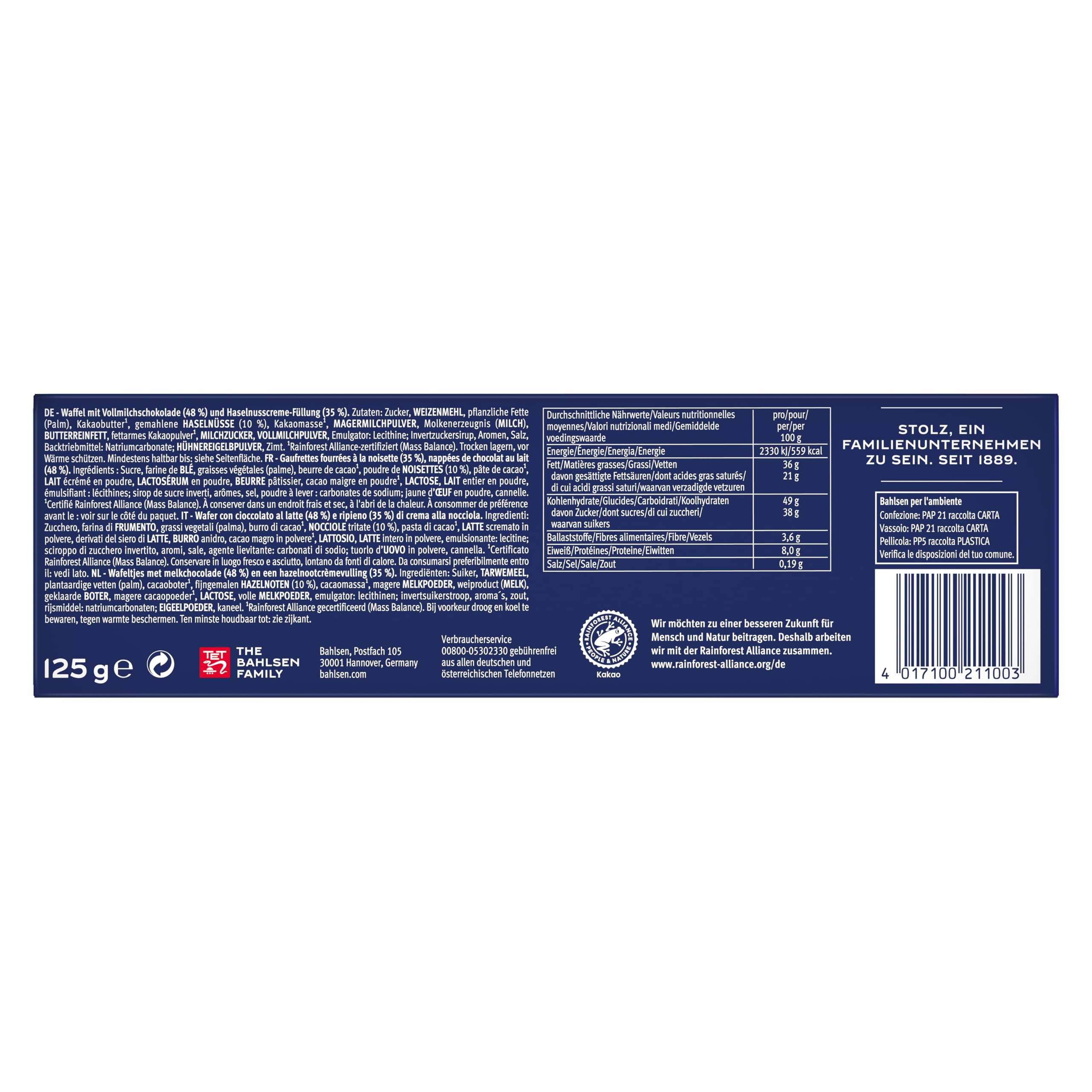 Bahlsen Ohne Gleichen Vollmilch - Schokowaffel mit Haselnusscreme, 12x125g