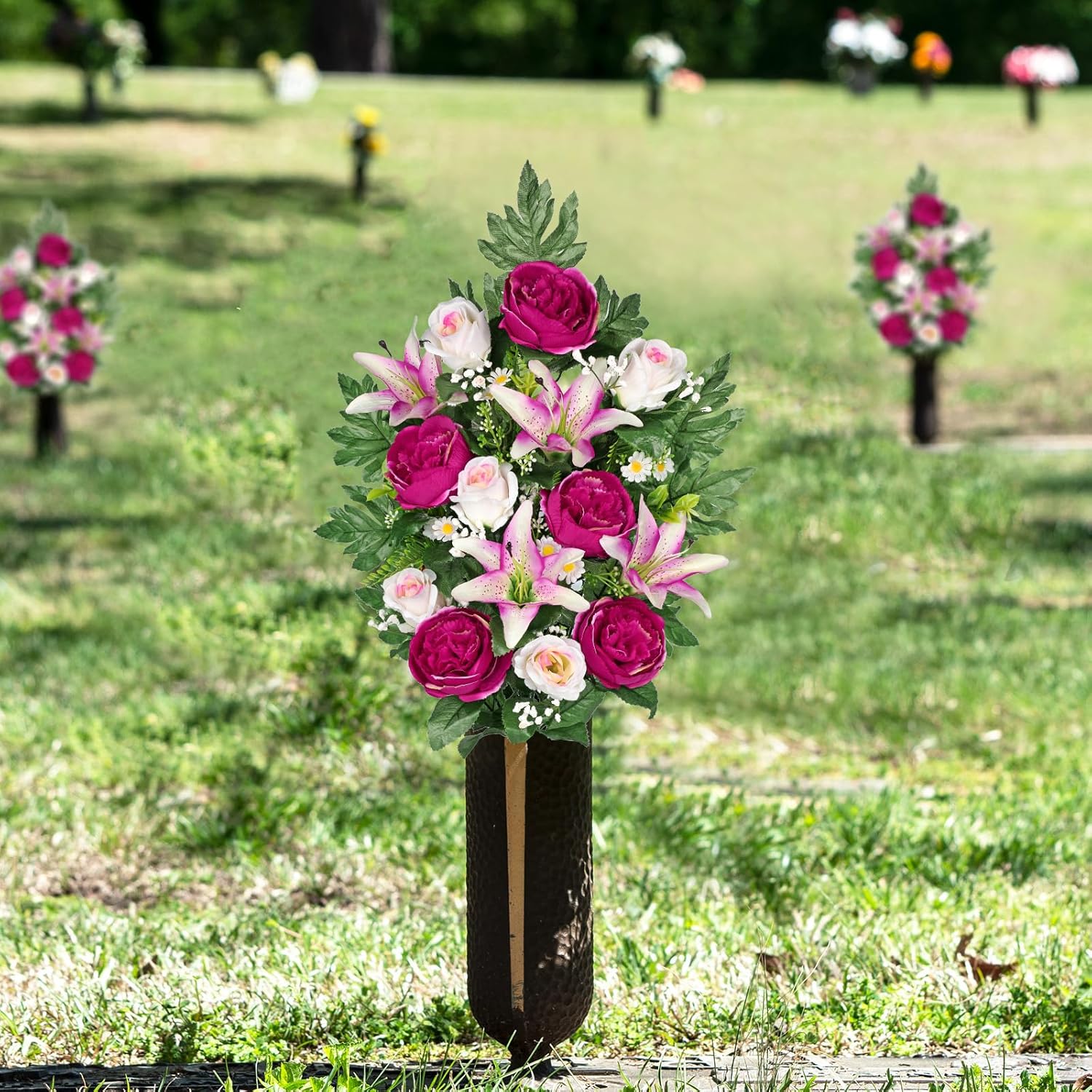 Briful 2 Set Artificial Cemetery Flowers for Grave, Silk Sympathy Grave Flowers Bouquet Fake Rose Peony Lily Floral Arrangement for Outdoor Vase Funeral Memorial Mother’s Day Decor