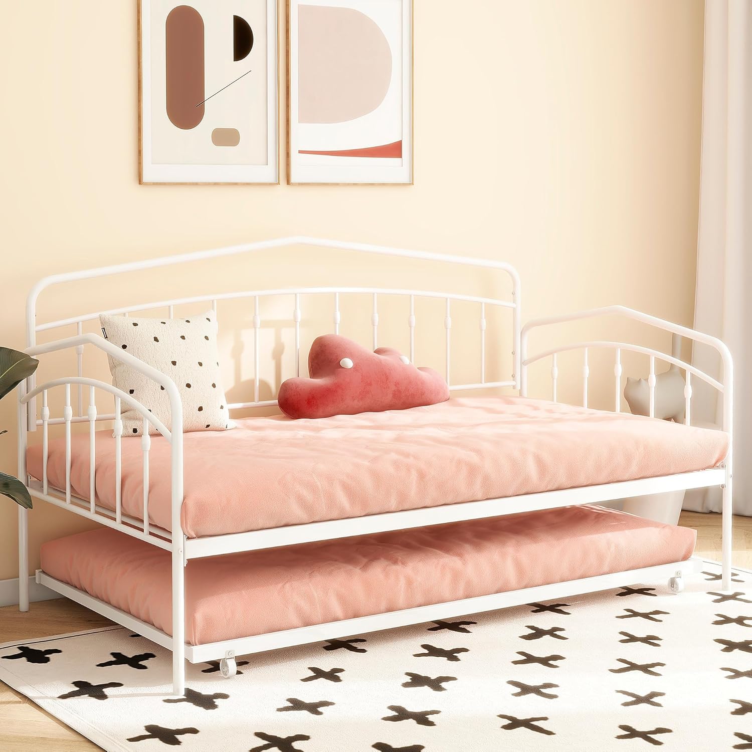 mikibama Twin Daybed with Trundle,Victorian Metal Daybeds with Pull Out Trundle,Vintage Guest Day Bed Frame Twin Size for Living Room,Bedroom,Apartment (Victorian White with Trundle)
