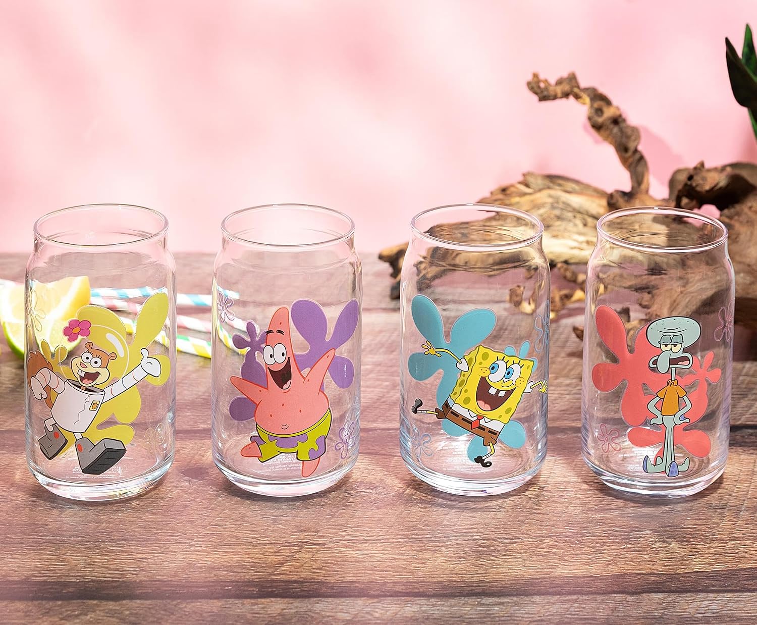 Silver Buffalo SpongeBob SquarePants 4 Piece Glass Set Featuring Patrick Star, Squidward, SpongeBob SquarePants, and Sandy Cheeks, 16 Ounces