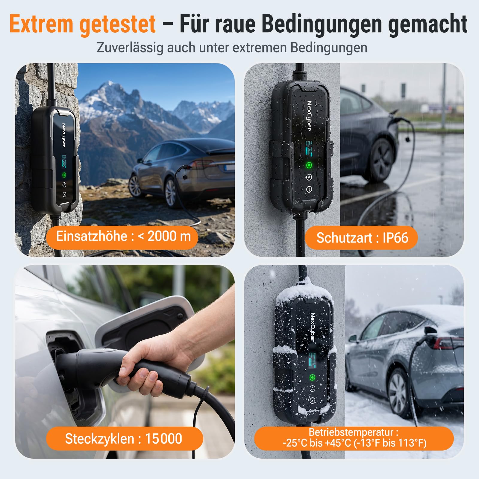 Mobile Wallbox 11kW mit App & OLED, 7,6m 3-phasig, 400V 8-16A einst., CEE-Stecker IP66+FI-Schutz, Ladegerät Typ 2 mit Schuko-Adapter, Wandmontage & tragbar, für Model 3/Y, ID.3, u.a. BEV/PHEV