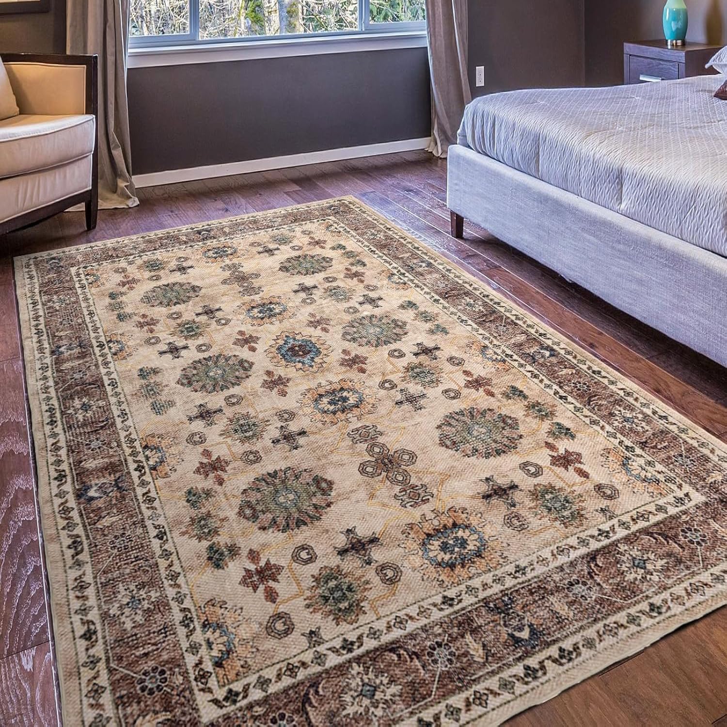 Tapis grand salon oriental vintage marron et beige, élégance 200 x 250 cm