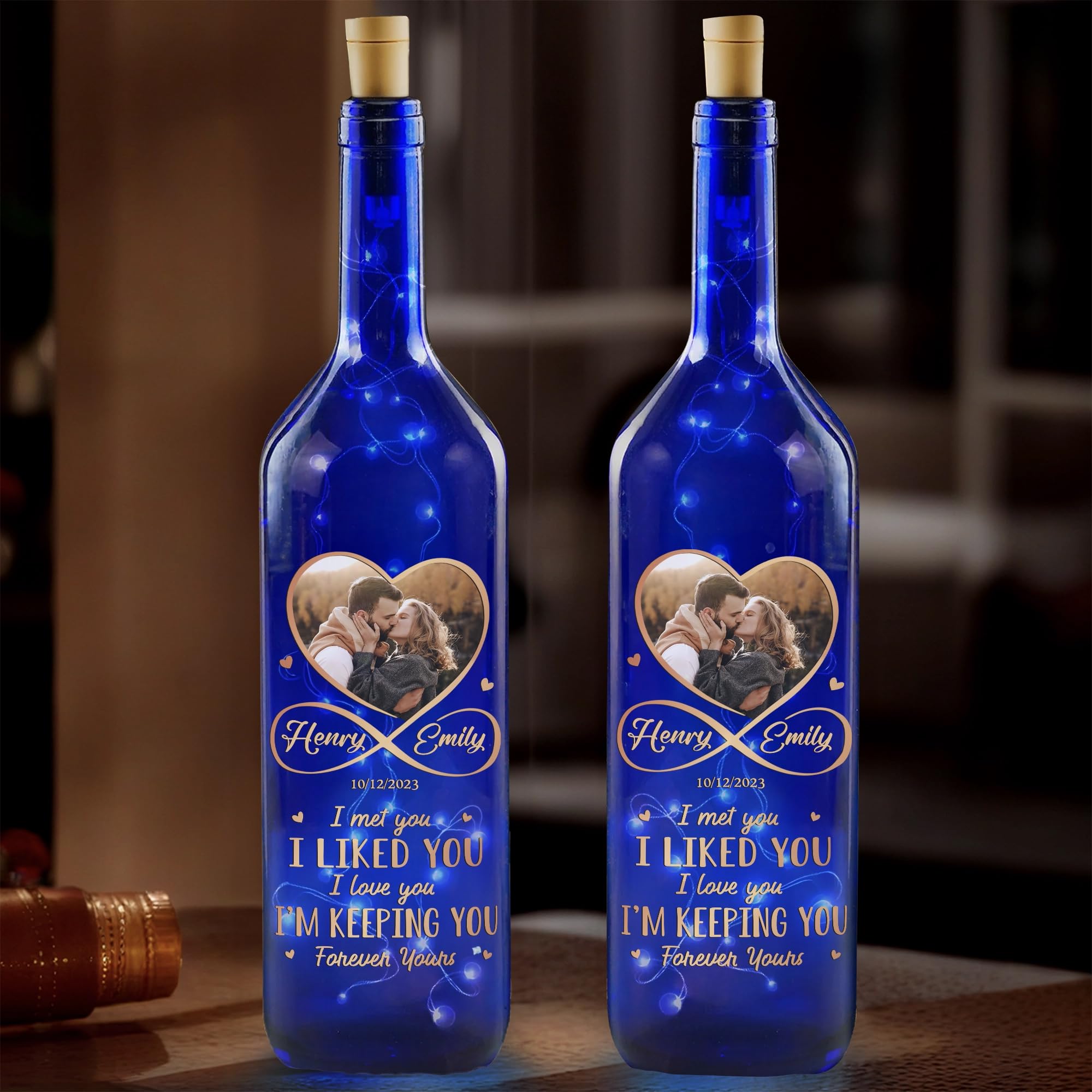 Joy Crafters Custom Photo Together, Always & Forever - Couple Personalized Blue Bottle Lamp, Anniversary Wedding Gifts for Couples, Birthday Gifts for Women Wife, Custom Led Lights for Home Decor