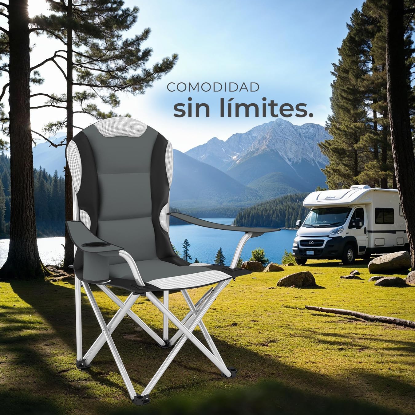 tectake® Silla de Camping Plegable, Confort Acolchado, Soporte para Bebidas, Bolsa de Transporte, Silla Playa, Sillas Plegables, Sillas Exterior Terraza, Silla Relax - 2X Gris