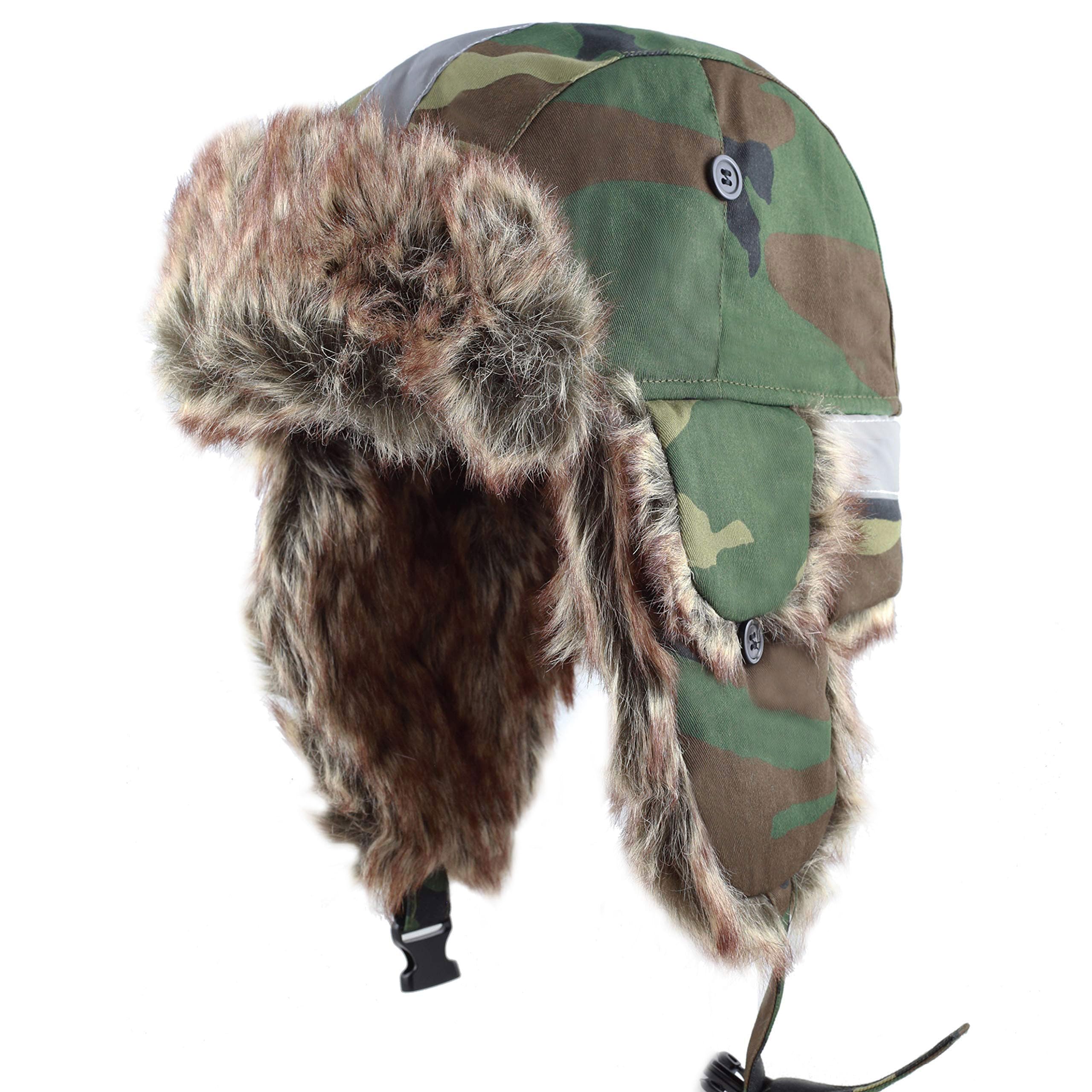 Faux Fur Safety Reflective Plain Plaid Aviator Trapper Hat Snow Ski Trooper Winter Cap