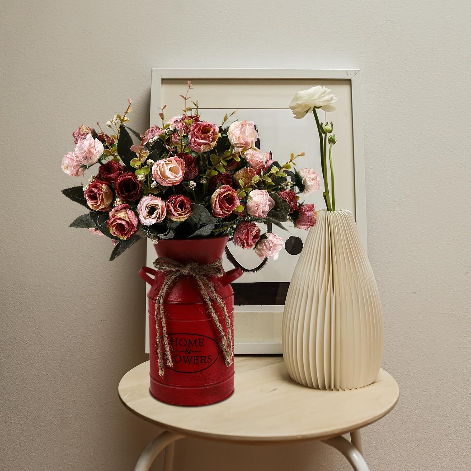 4 Pcs Red Milk can Shaped Metal Flower Buckets for Rustic Farmhouse Decor, Galvanized Iron Vase for Dried and Fresh Floral Arrangements, Vintage Table Centerpiece for Home and Weddings
