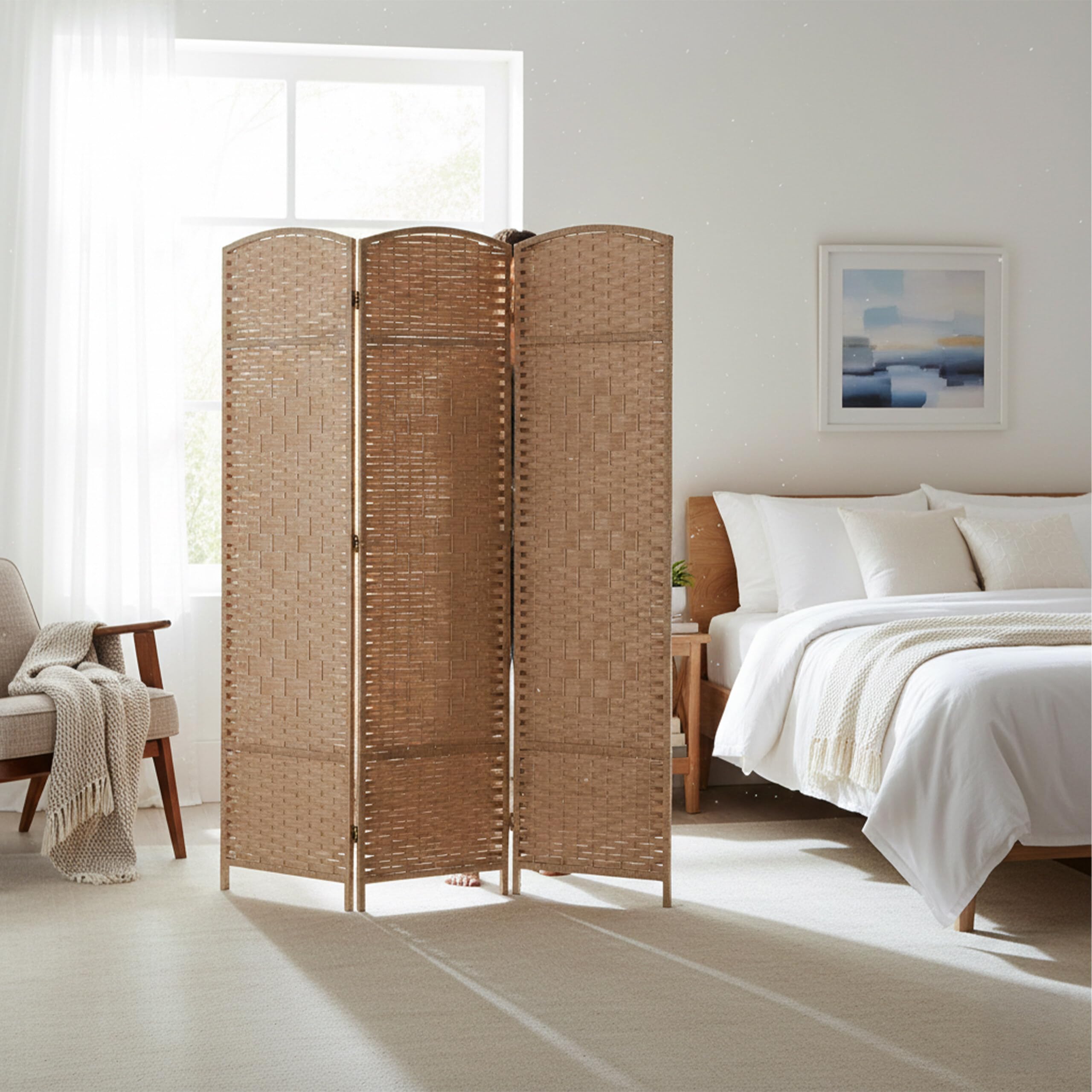 Relaxdays Paravent intérieur 3 Parties, HxL 170 x 120 cm, Pliable, Bois & Corde Papier, Naturel, séparateur de pièce