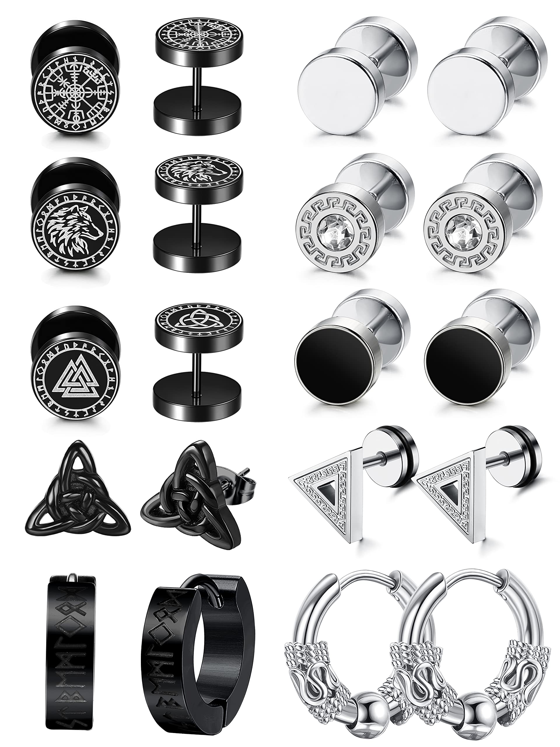 10 Pairs of Men's Stainless Steel 10 mm Viking Stud Earrings Helix Piercings Viking Earrings Set Hoop Earrings Earrings-image-35