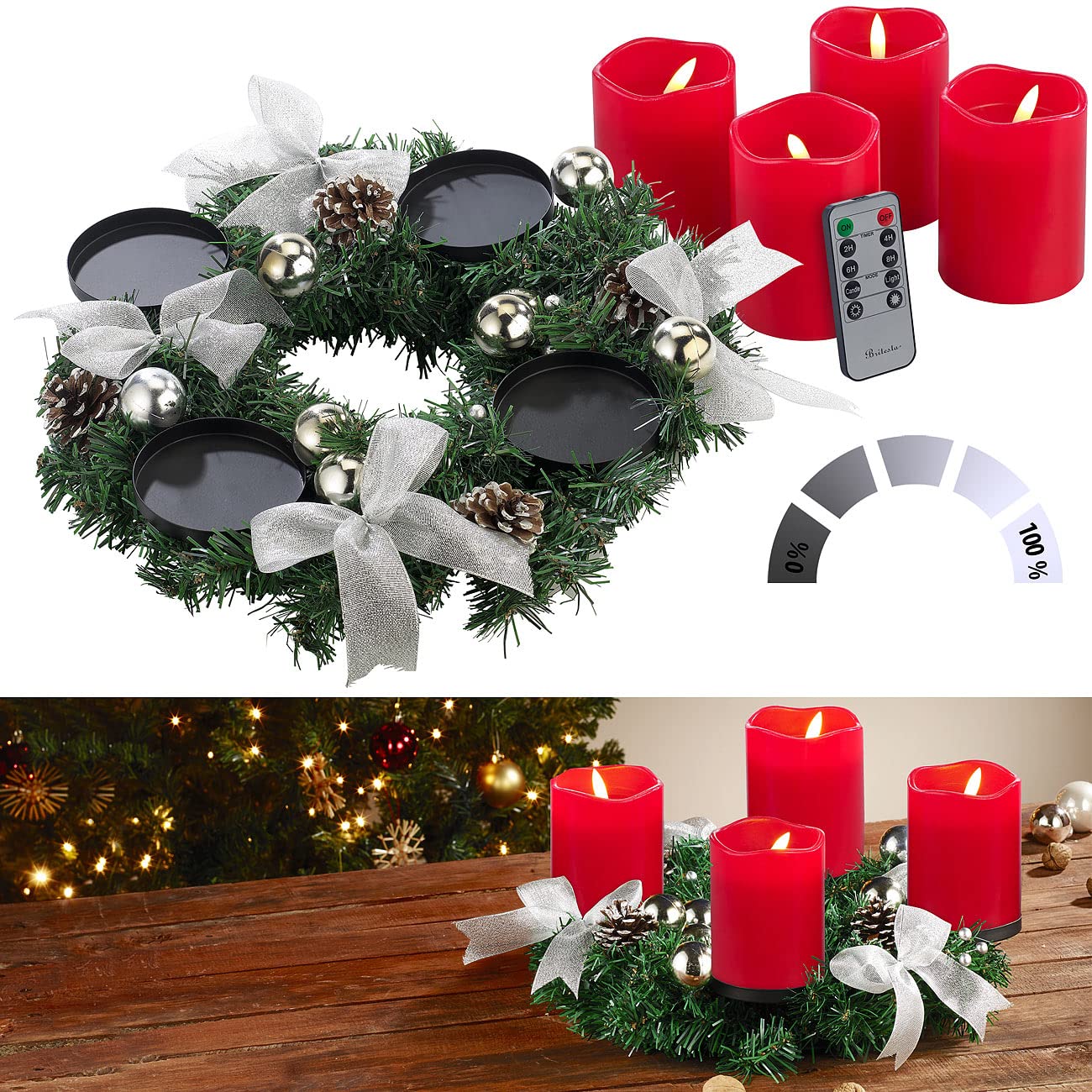 Advent Kranz: Adventskranz mit silberfarbenem Schmuck, inkl. LED-Kerzen in rot (Adventskranz Weihnachtszeit, Adventskranzgestecke, Kerze)