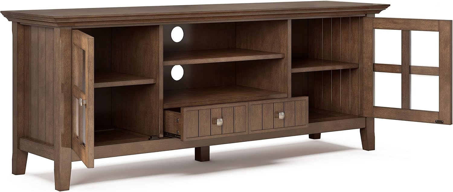 SIMPLIHOME Acadian TV Stand - 60 inch Wide Solid Wood Media Console in Rustic Natural Aged Brown, Transitional Entertainment Center for Living Room for TVs up to 65 Inches with Glass Cabinets