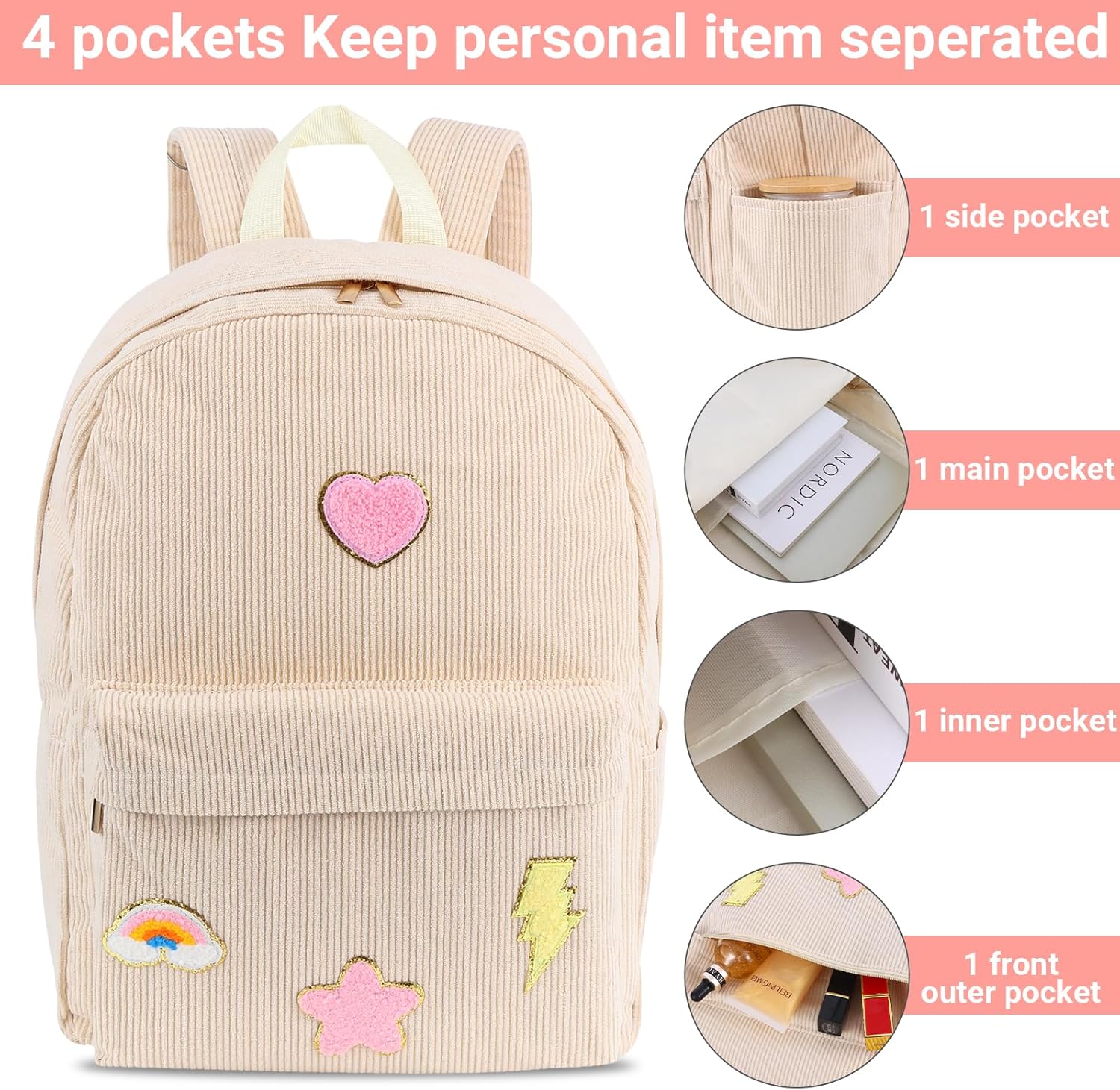 Kolewo4ever 3 Pieces Corduroy School Backpack Set Preppy Book Corduroy Chenille Letter Bookbag with Lunch Bag and Pencil Pouch for Teen Girls Women Laptop Backpack College Bookbags - Image 3