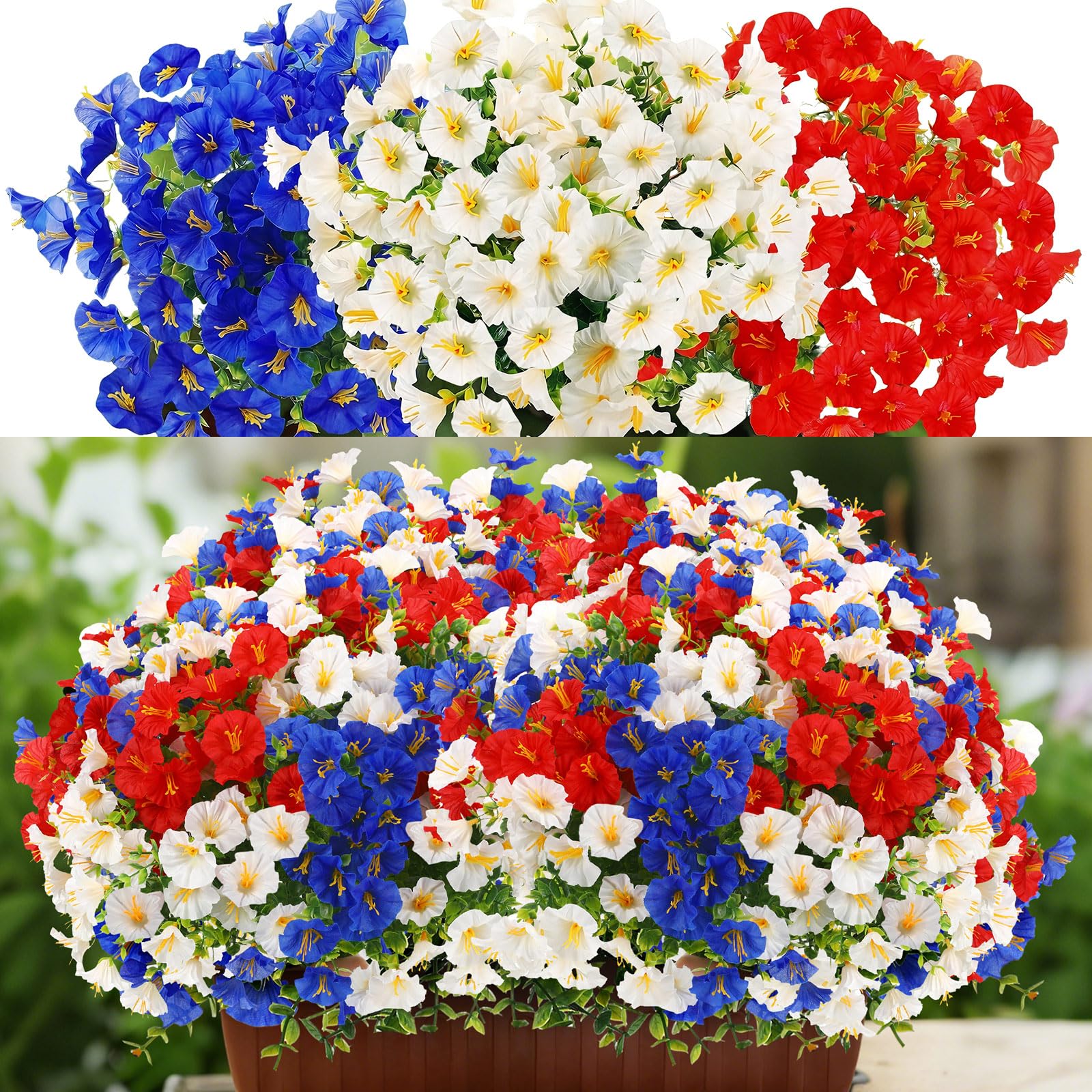 Photo 1 of 12 Pcs Red White Blue Artificial Flower Outdoor UV Resistant Petunias Patriotic Silk Flower 4th of July Decor USA Independence Short Stem Faux Cemetery Flowers Pot Window Garden 250 Anniversary Decor