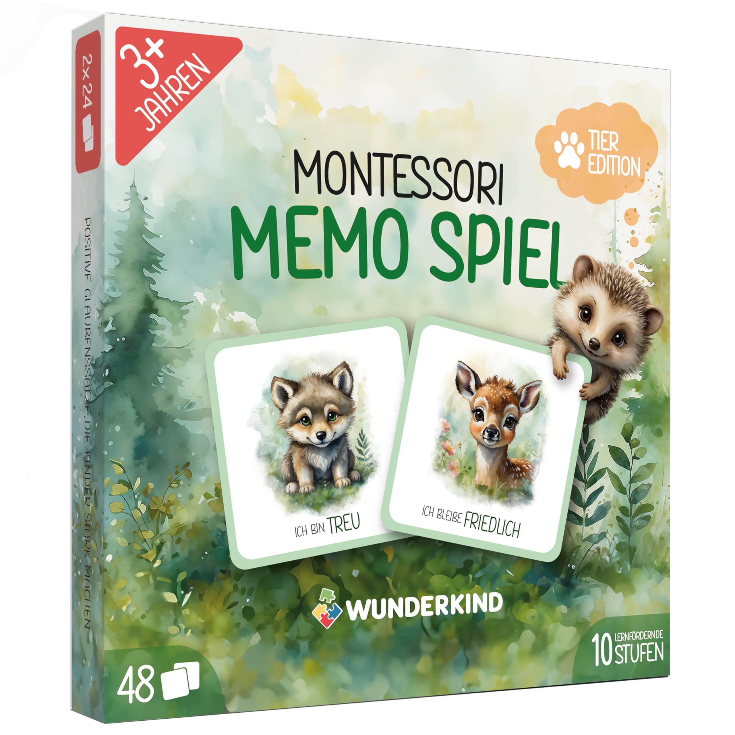 Wunderkind Montessori Memory ab 2 Jahre - Tierbaby Memorie mit 48 Karten - Fördert Konzentration, Gedächtnis & Sprache - Montessori Spielzeug mit Affirmationen (Tiere)