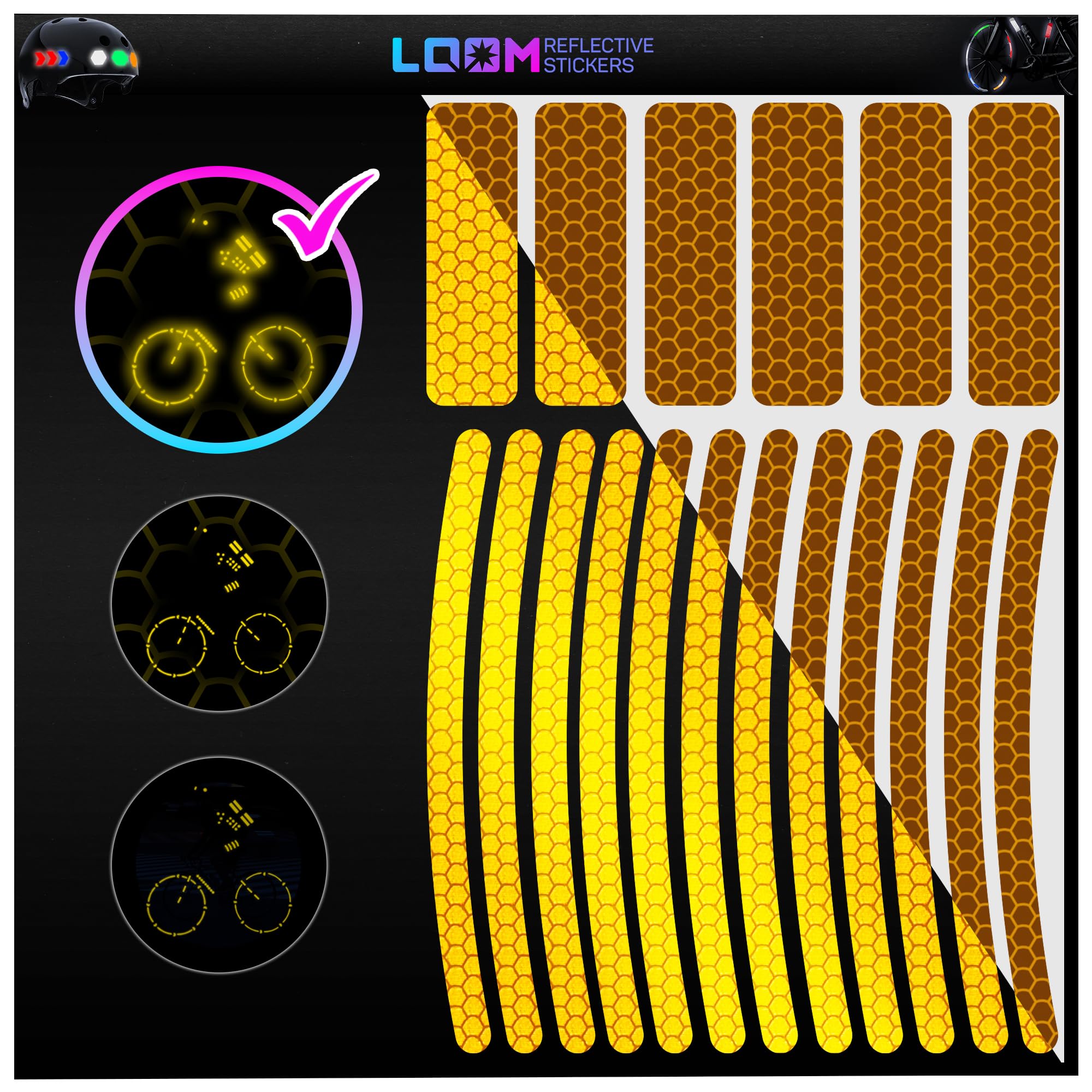 Loom Brilliant-Yellow Reflective Stickers For Bikes (18Pc Brilliant-Yell)-Waterproof, High Visibility Bike Stickers For Flat Surfaces-Nighttime Safety Reflective Stickers For Helmet,Bicycle & Motorcycle-Adhesive Reflectors