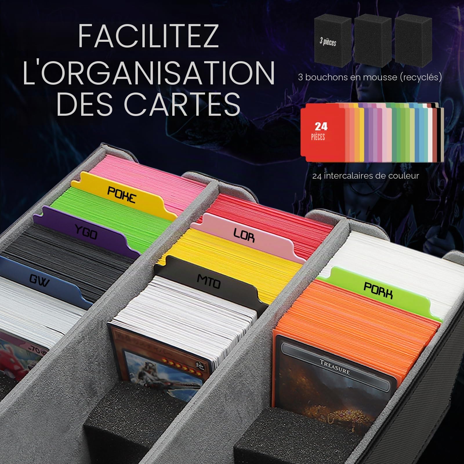 HIMOMO Boîte Rangement Carte, Étui pour Deck de 2100+ Cartes avec Similicuir et Fermeture Magnétique, Card Deck Box TCG, Compatible avec MTG, et Cartes de Sport, Inclut 8 Diviseurs(Gris)