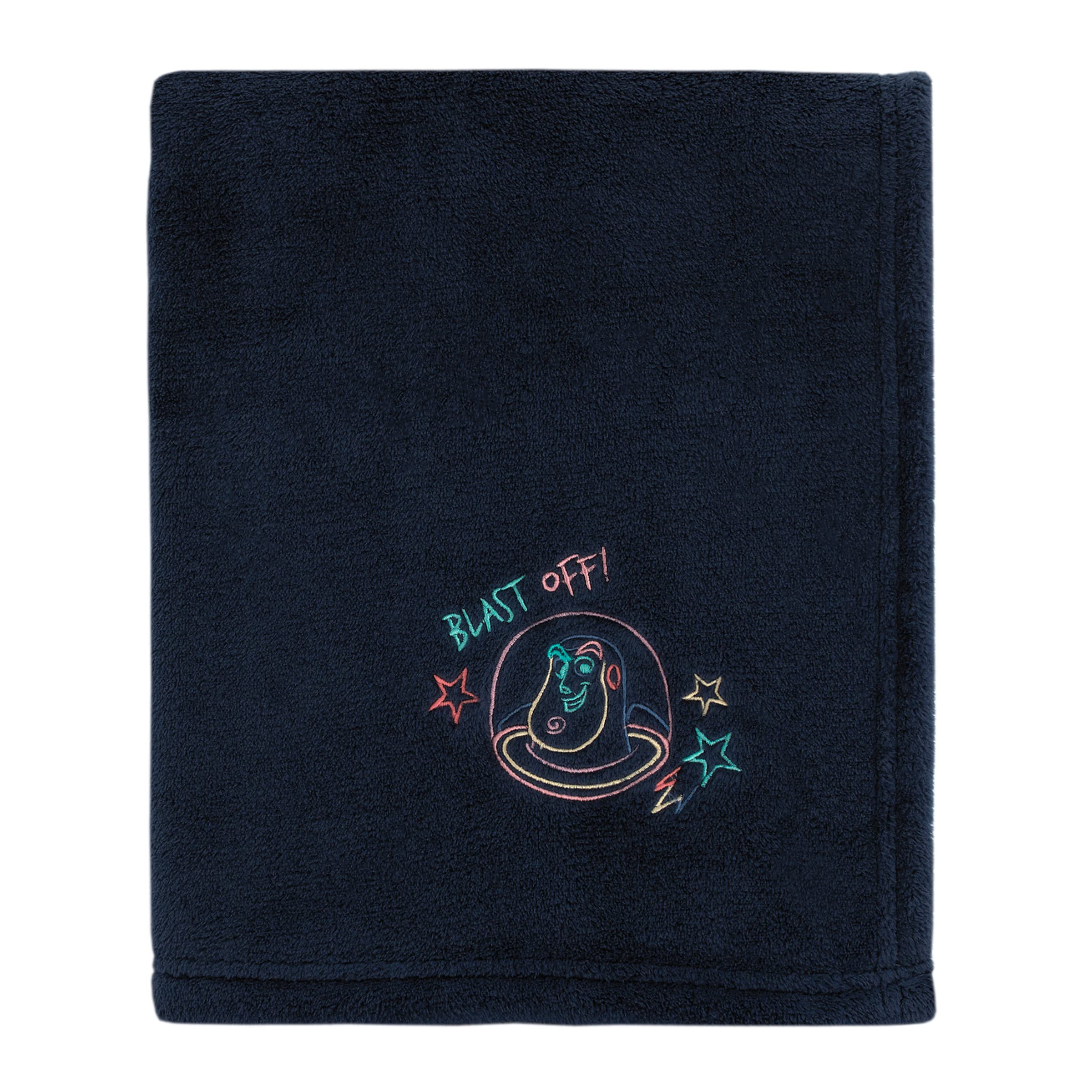 NoJo Disney Toy Story Color Crazy Blue, Green and Orange Blast Off Buzz Lightyear Super Soft Appliqued Baby Blanket