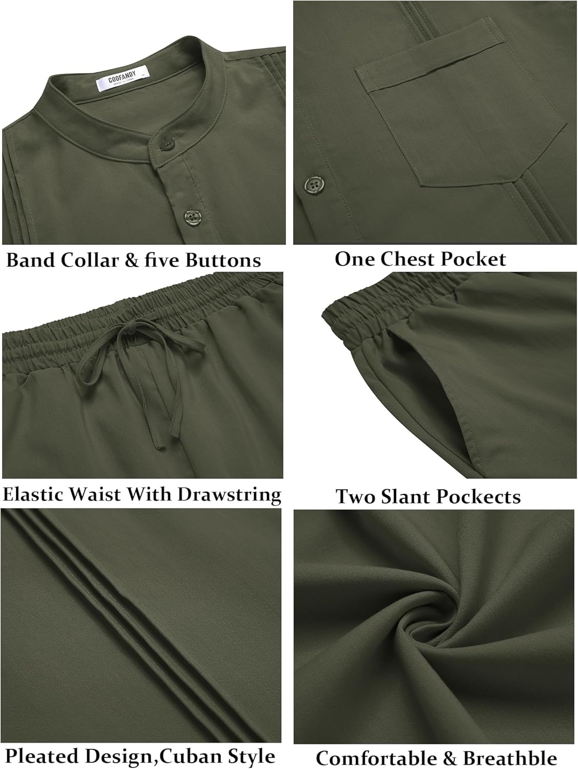 COOFANDY Men's 2 Piece Cotton Sets Casual Long Sleeve Cuban Henley Shirt and Loose Pants Set Beach Vacation Outfits - Image 5