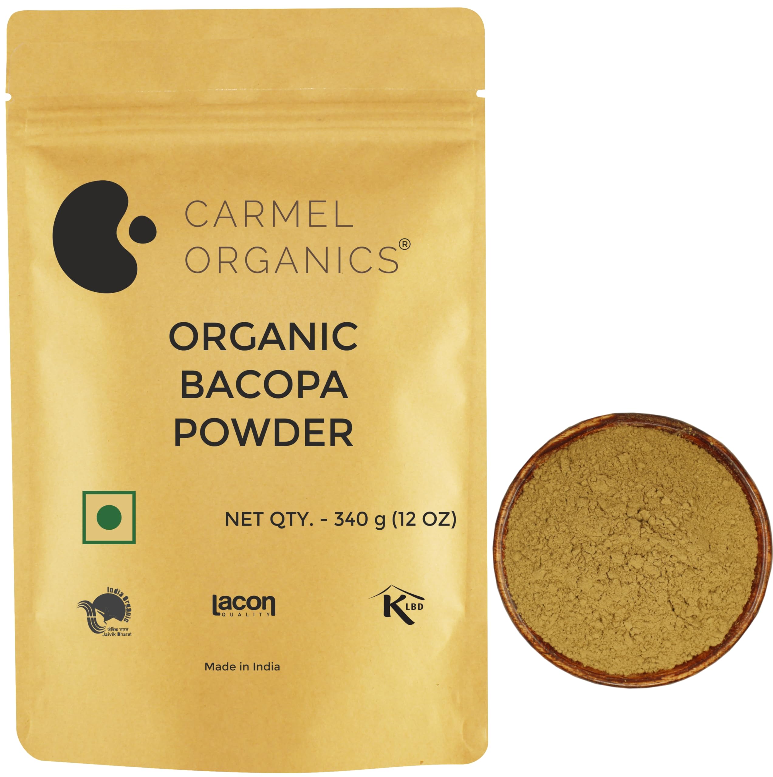 CARMEL ORGANICS Bacopa Monnieri 340 Gram Powder | Herbal Supplement for Focus, Memory & Stress Relief | Non-GMO | No Added Preservatives | Neer Brahmi