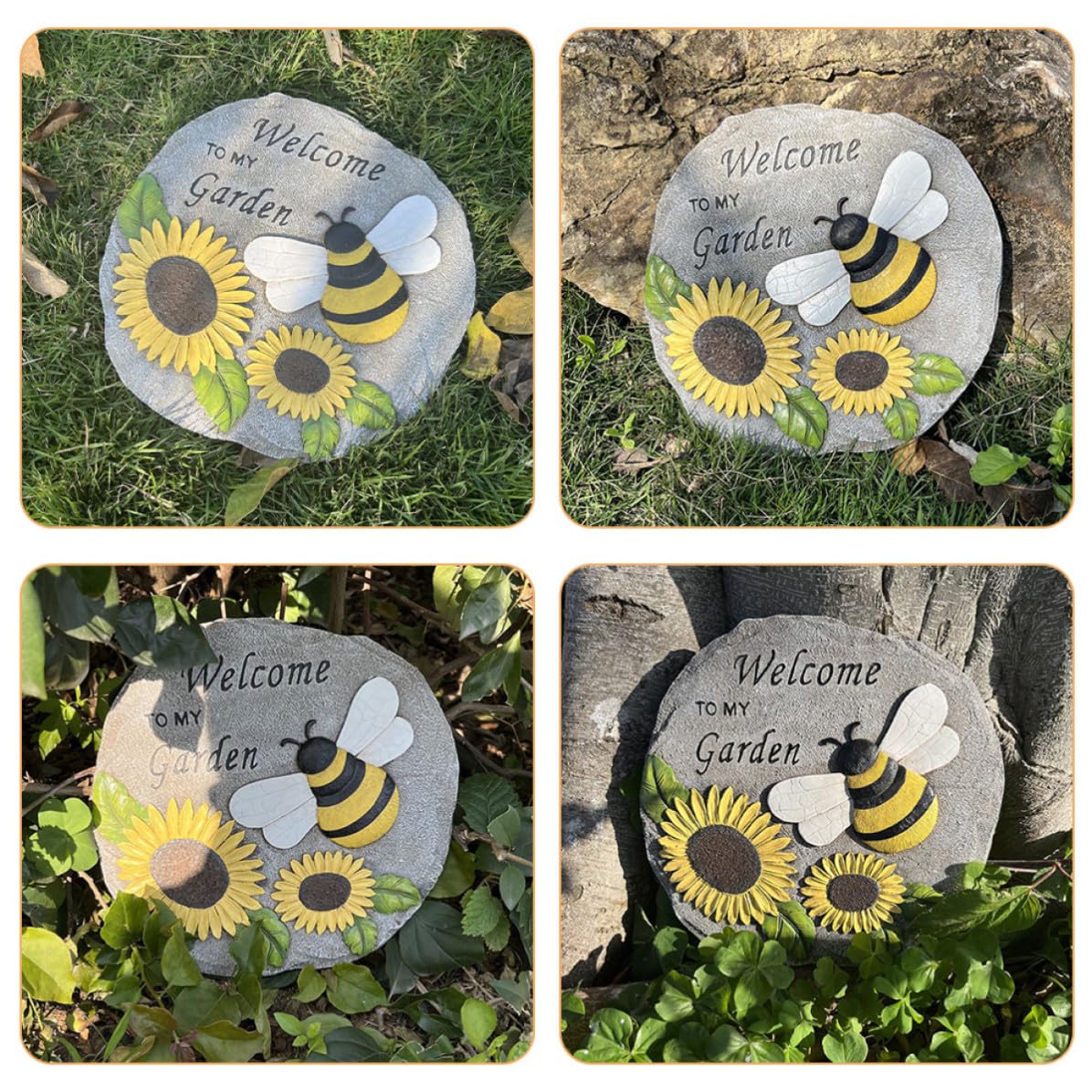 Veemoon Piedra de Resina para Jardín, Losa de Jardín Diseño de Abeja y Girasol, Decoración Exterior para Césped y Patio, Fácil de Instalar, Resistente Intemperie