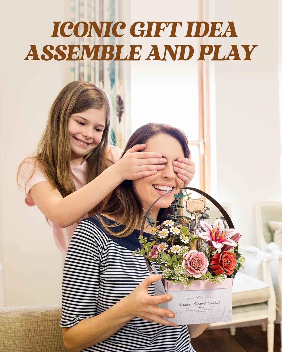 ROBOTIME 3D Wooden Puzzles for Adults, TW03H Wooden Flower Basket Craft Kit, Artificial Flowers Handheld Gift Box, Unique Gift for Birthday/Holidays/Homewarming