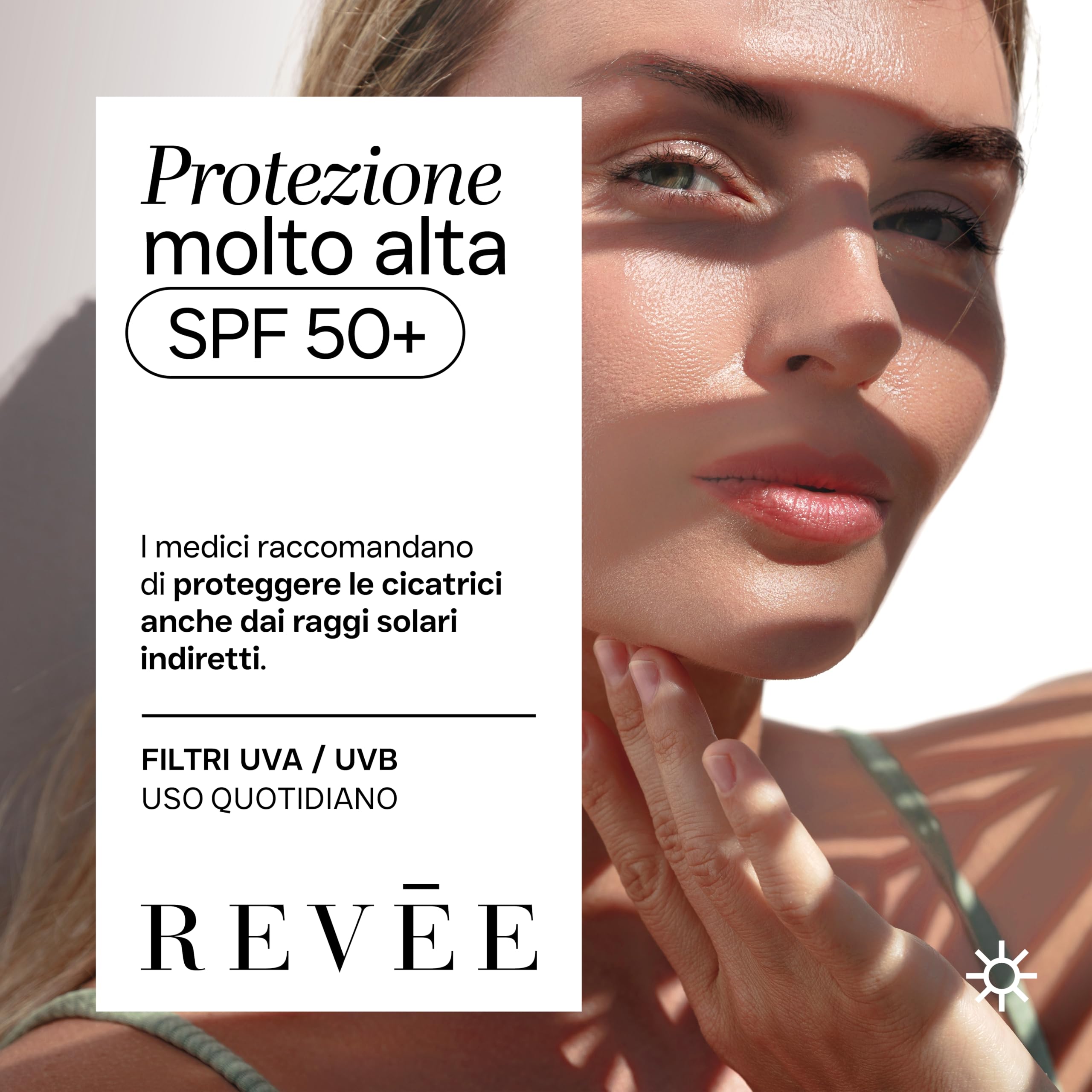 REVÉE Sun Care, Protezione Solare Cicatrici - SPF 50+ Viso e Corpo – Protegge Cicatrici, nei, Macchie Solari – Made in Italy – Nickel Tested, Gluten Free – 150 ml