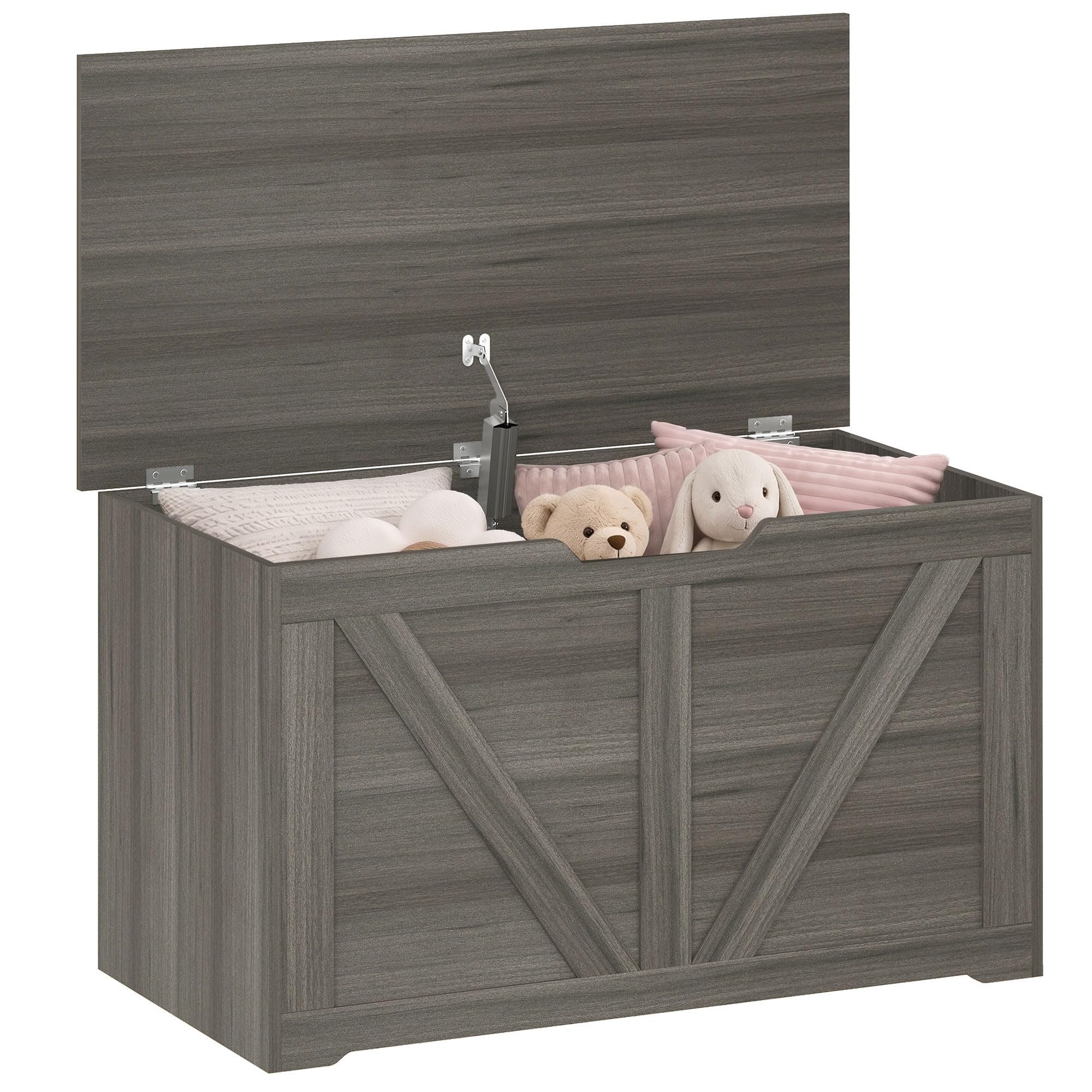 HOMCOM 100L Storage Chest w/Safety Hinge 80 x 40 x 45 cm Grey Wood-Effect โ image 1