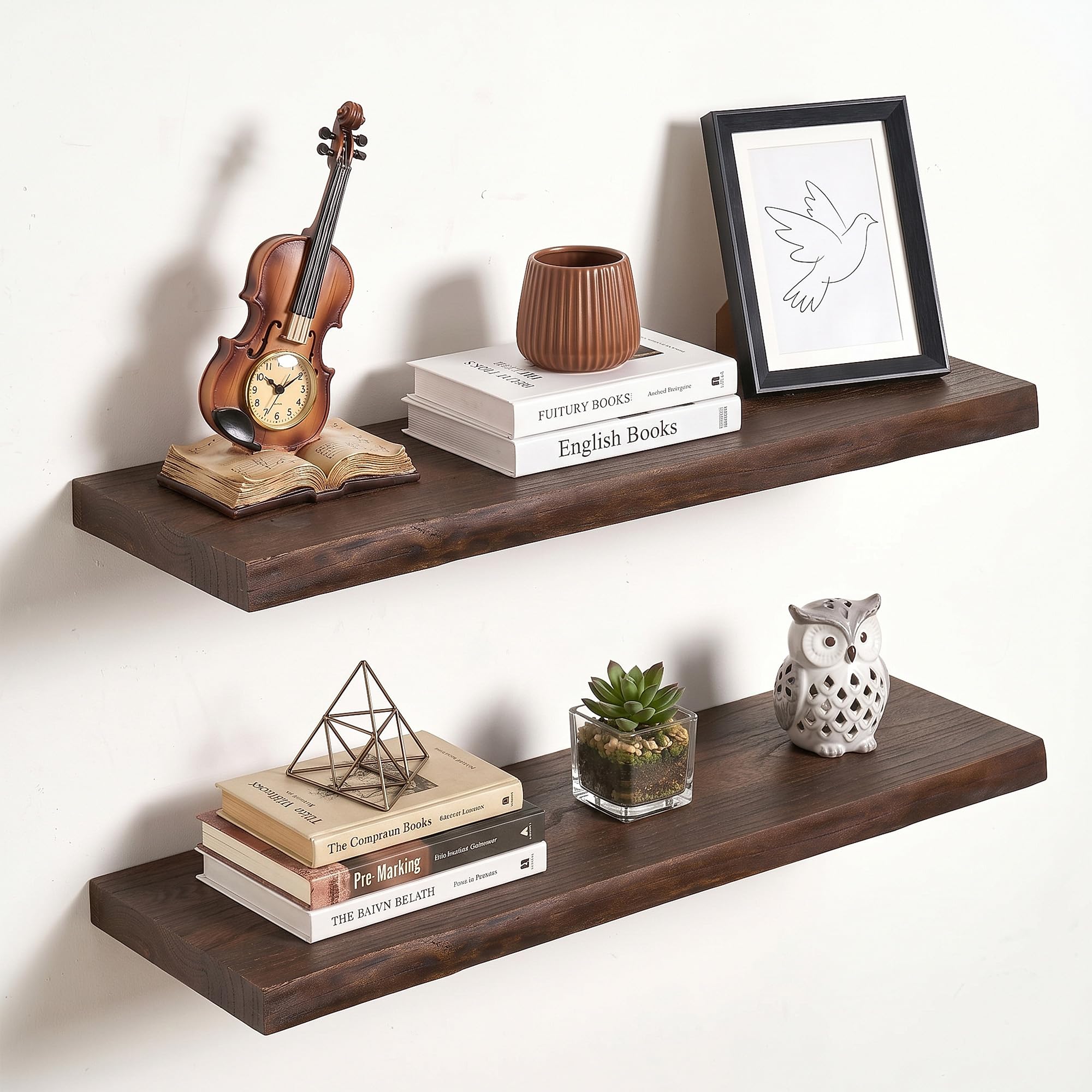 Vivelove Wood Floating Shelves Live Edge 32” Set of 2, Dark Walnut