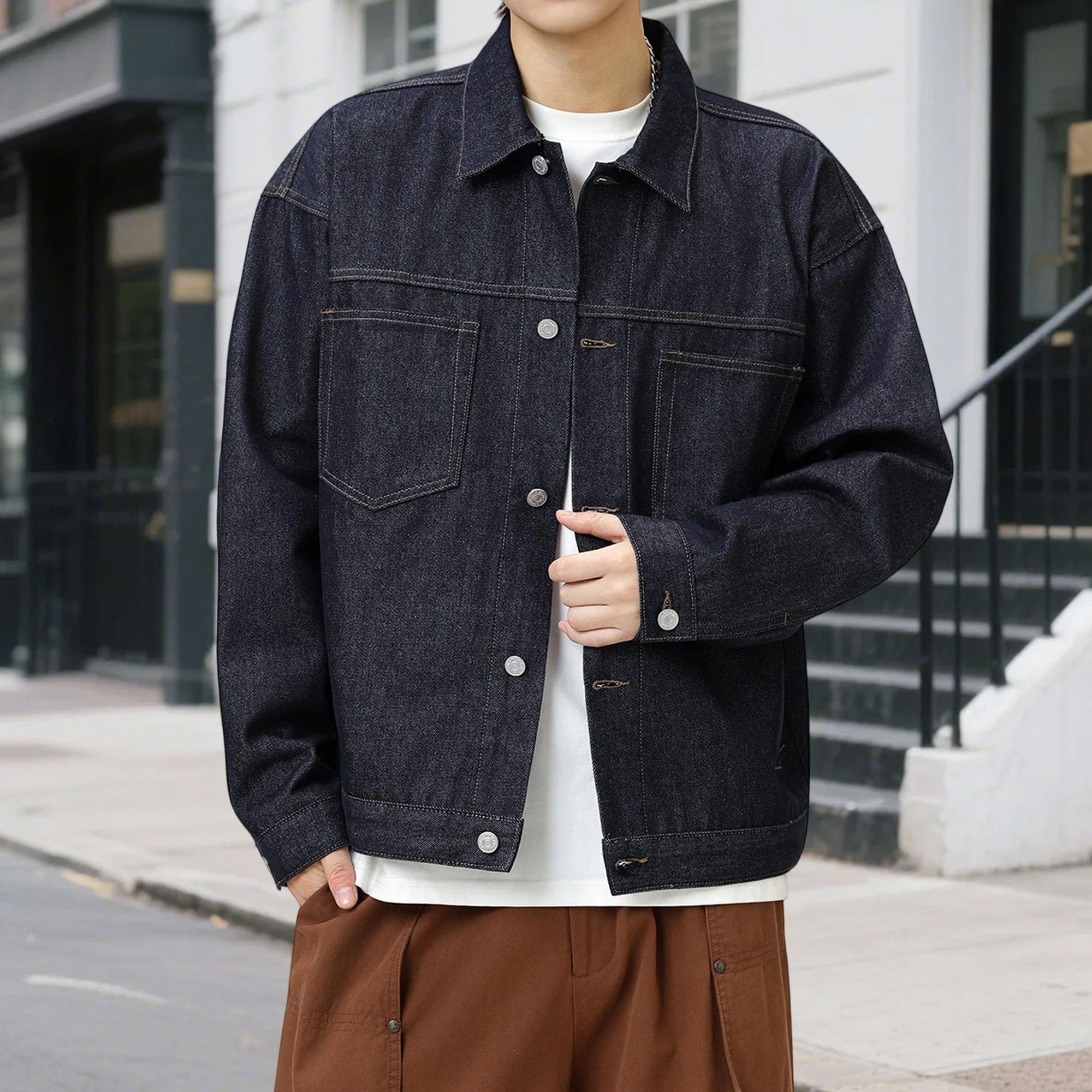 Giacca da uomo in denim con tasche | Colletto classico da camionista con risvolto,Button Down,Leggero basso elasticizzato,Vestibilità ampia squadrata rilassata