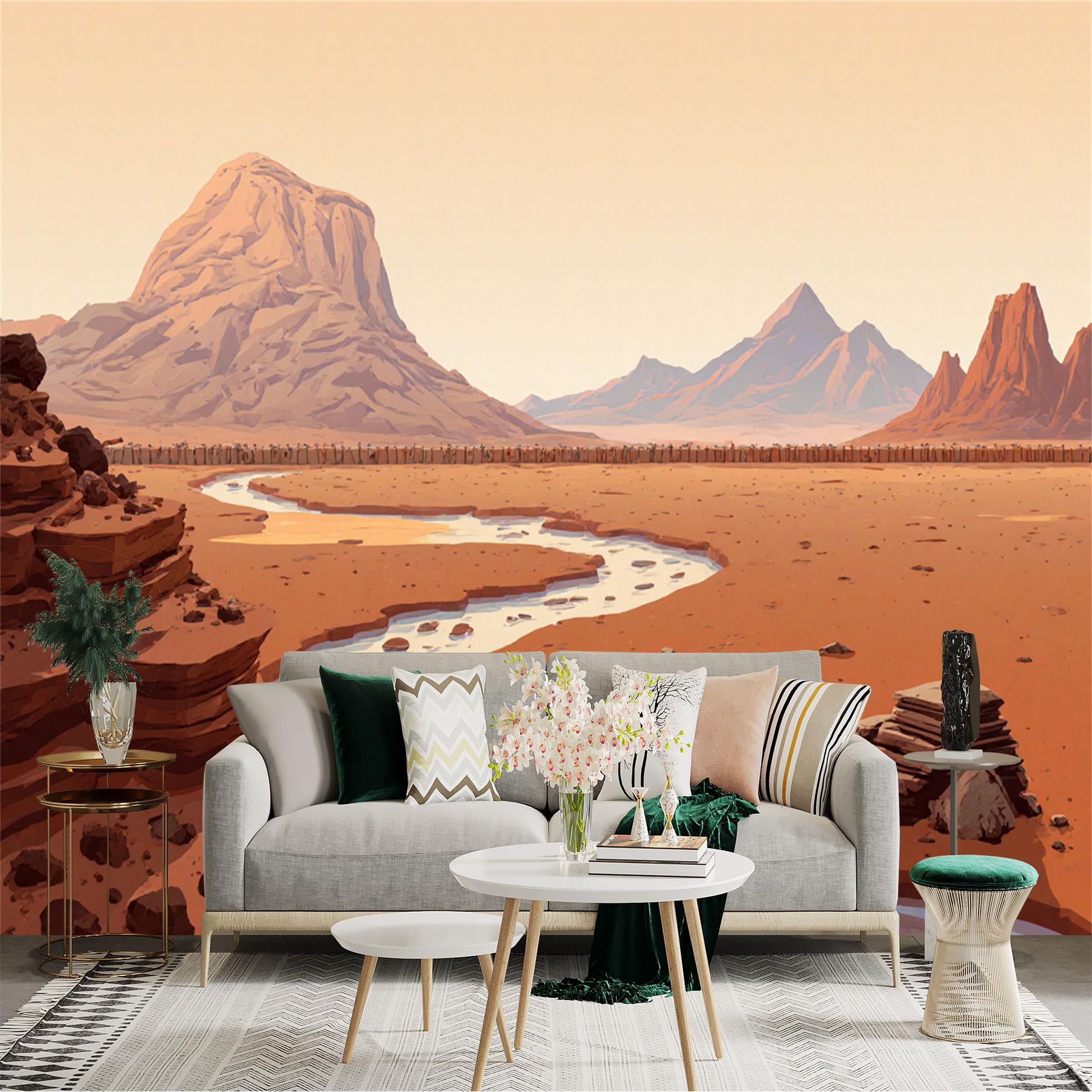 Custom Size Wall Sticker Mural， Desert Landscape with Mountains， River and Rocks， for wall Decoration， peelandstick wall Decals.