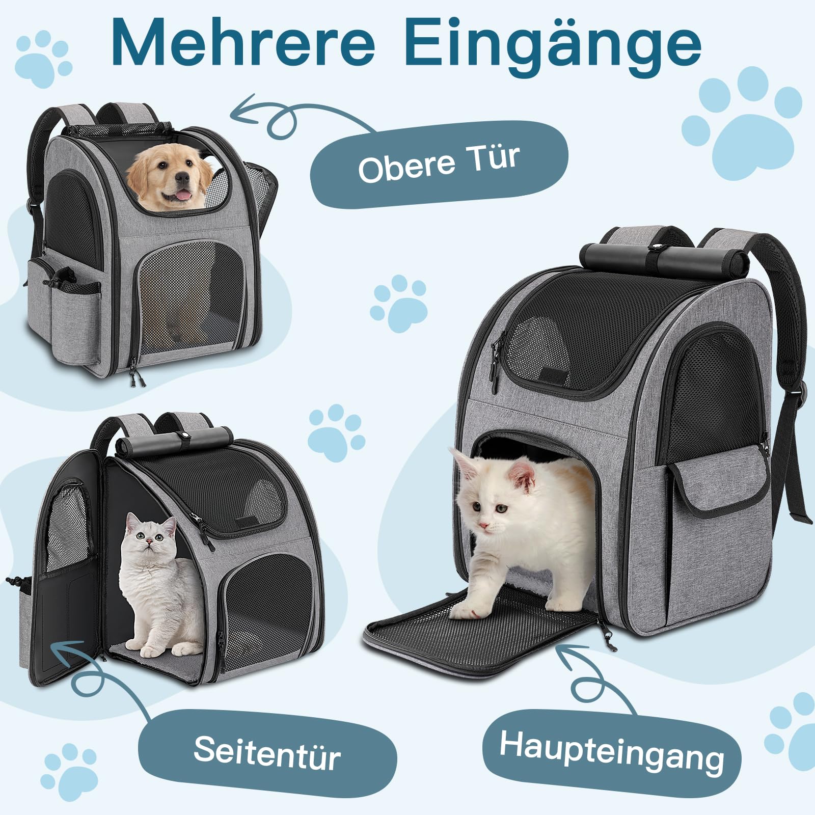 Hunderucksack bis 10kg, Haustier Rucksack mit Netzfenster, Faltbare Katzenrucksack Hunde Rucksack, Atmungsaktive und Leichte Dog Cat Backpack mit Innerer Sicherheitsleine und Haustiermatte - Grau