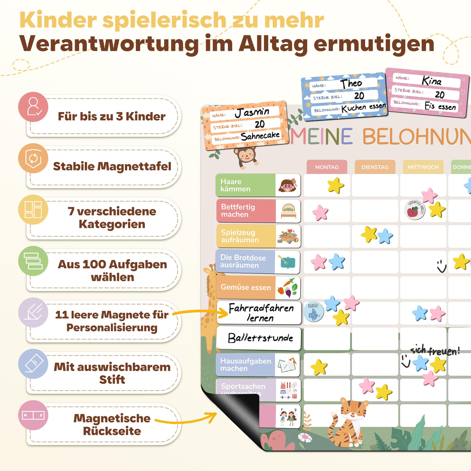 BIROYAL Belohnungstafel Kinder - [100 Aufgaben + 350 Magnete] - Belohnungssystem Kinder - Belohnungstafel Kind s ab 4 - Montessori Magnettafel - Wochenplaner, Adhs Hilfsmittel - inkl. Tasche, Stift
