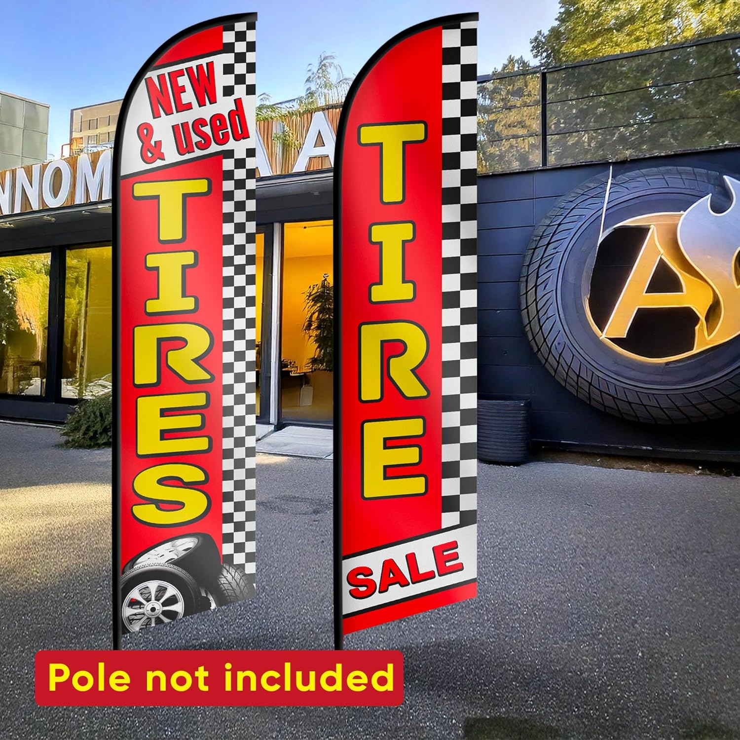 New and Used Tires Sale Feather Flag - Tire for Sale Business Banner - Used Tires for Sale Swooper Flag Set of Two Advertising Flags 12ft x 2.5ft (Pole not included)