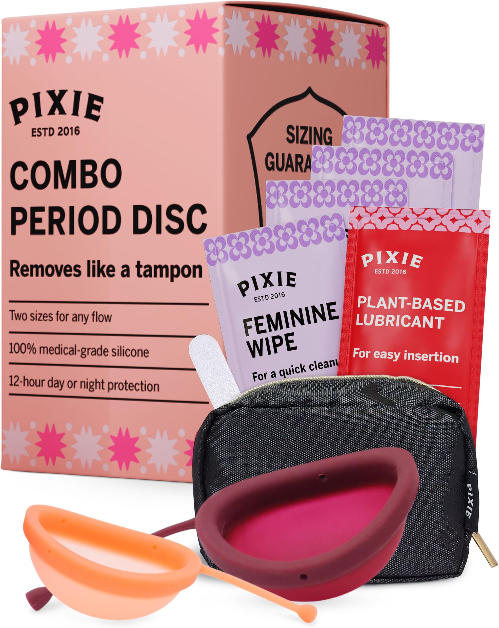 Pixie 2 Menstrual Discs for Feminine Care - 100% Medical-Grade Silicone - Ranked 1 for Softest Reusable Period Disc - Removes Like a Tampon - Wear 12 Hours - Capacity of 5 and 7 Tampons