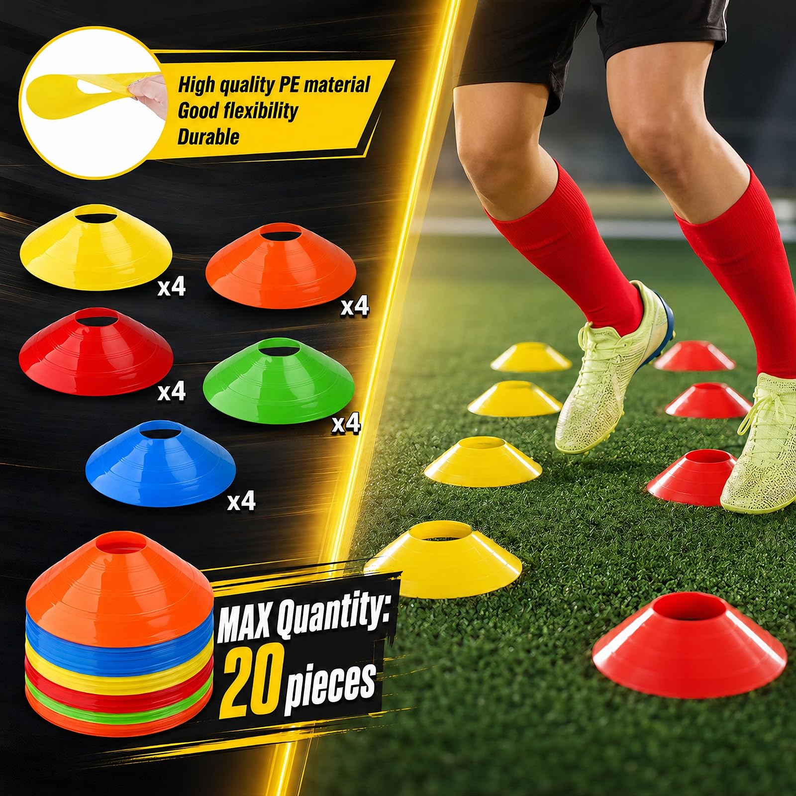 Fußball Trainingszubehör Kinder, 6M Koordinationsleiter 12-Teilig, 20 Markierungshütchen 18g, Sprintfallschirm, Fußball Trainingsset Sachen mit Aufbewahrungsbeutel, Geschenk für Jungen