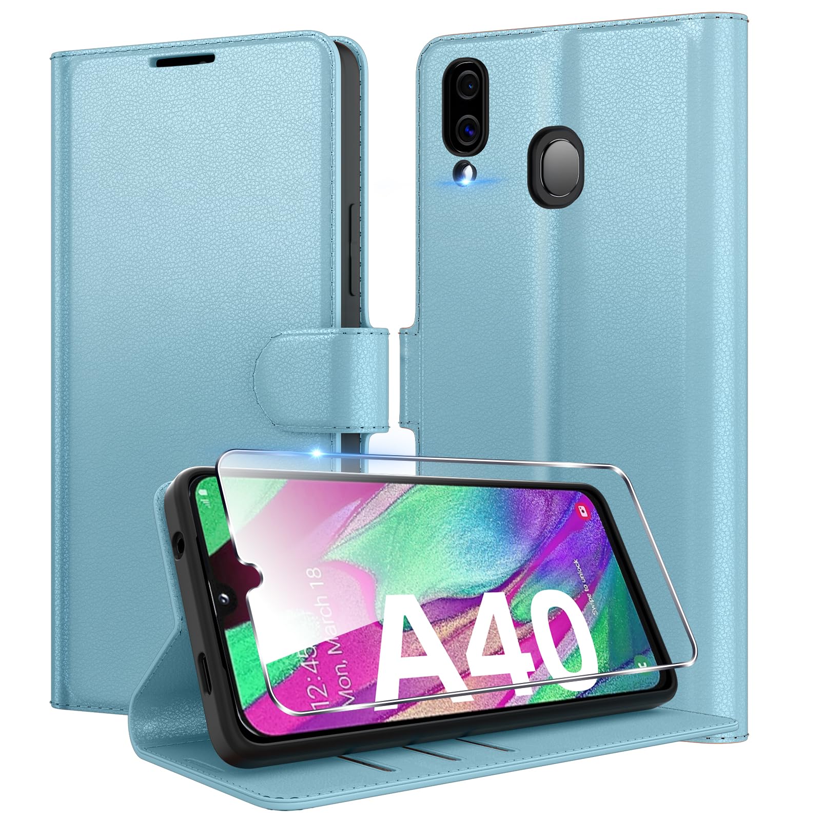 Eirltiy Cover per Samsung Galaxy A40 Portafoglio Pelle PU Premium, Custodia Scomparti Carte Antiurto Protettiva Case con 1 Vetro Temperato, Blu
