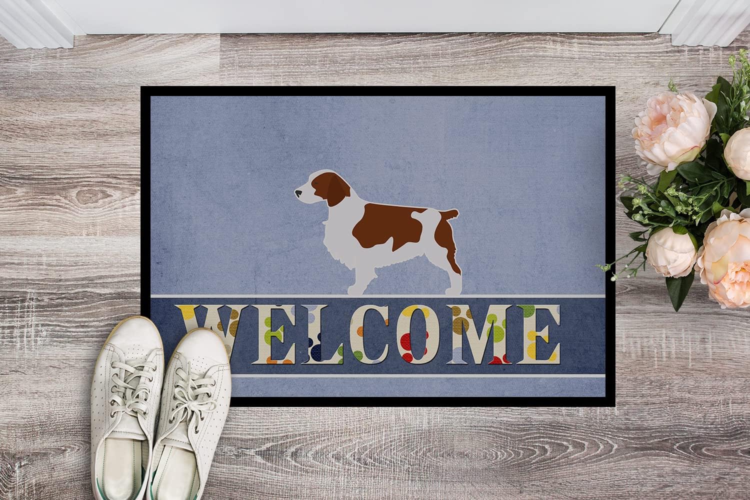 Caroline's Treasures BB5504MAT Welsh Springer Spaniel Welcome Doormat 18x27 Front Door Mat Indoor Outdoor Rugs for Entryway, Non Slip Washable Low Pile, 18H X 27W