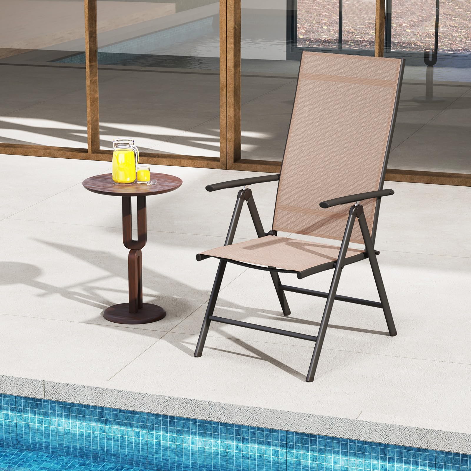 RELAX4LIFE Sedia Pieghevole da Giardino, Schienale Reclinabili a 7 Livelli, Sedia da Esterno Portatili per Giardino, Cortile, Bordo Piscina, Campeggio (Marrone,1)