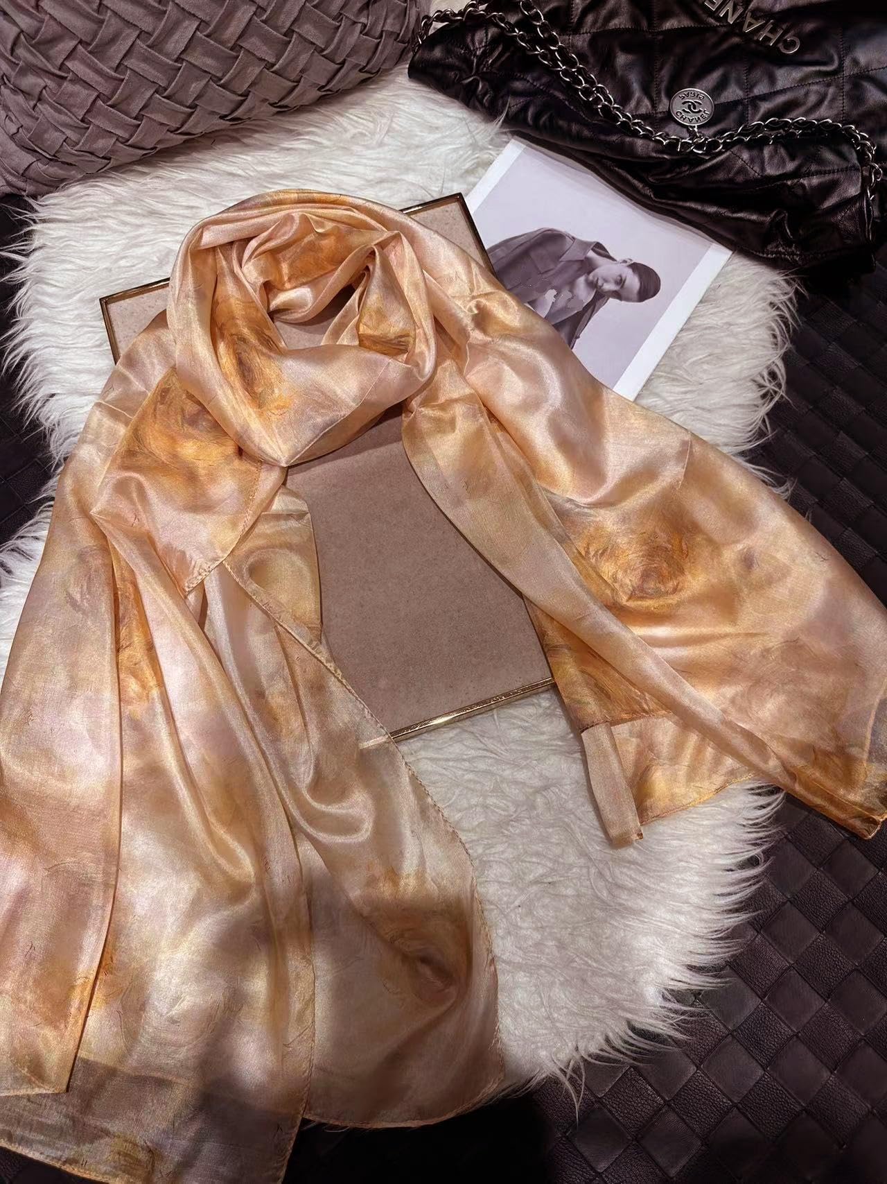 SeaBright Damen Schal Tuch 100% Seide Seidenschal Chiffon Paj dünn leicht transparent 4 Momme SC-S-BH-2405-1 Rose Bernstein Gold Gelb
