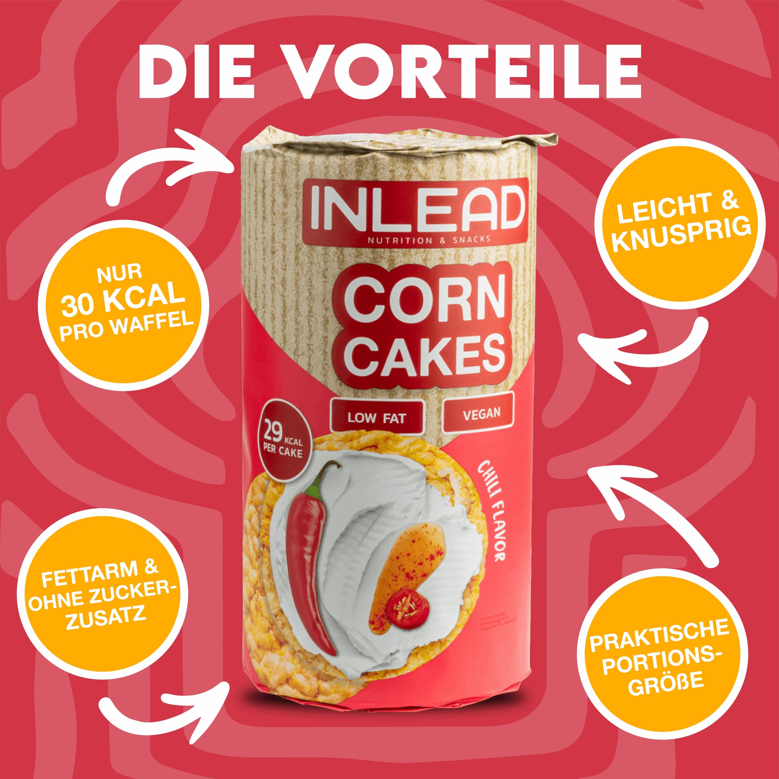 INLEAD - Corn Cakes | Leichte & Knusprige Maiswaffeln für Bewussten Genuss | Kalorienarm, Fettarm & Ideal als gesunde Alternative zu Chips (12x 120g, Chili Flavor)