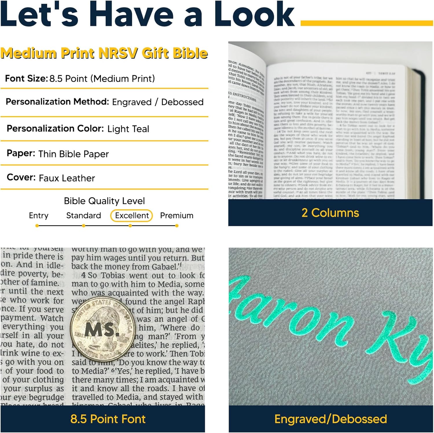 Personalized NRSV Catholic Bible Faux Leather Medium Print Size Gift Edition | Custom with Name, Date or Text | Gift for Catholic and Religious Celebrations | Teal